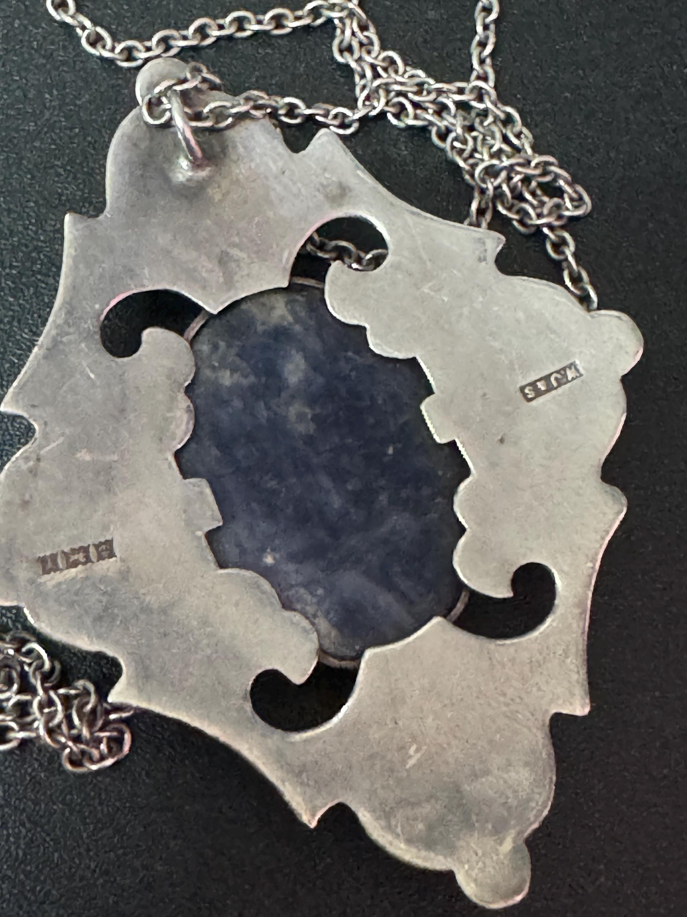 Vintage 925 Sterling Silver Necklace with large blue gemstone sodalite pendant full hallmarks