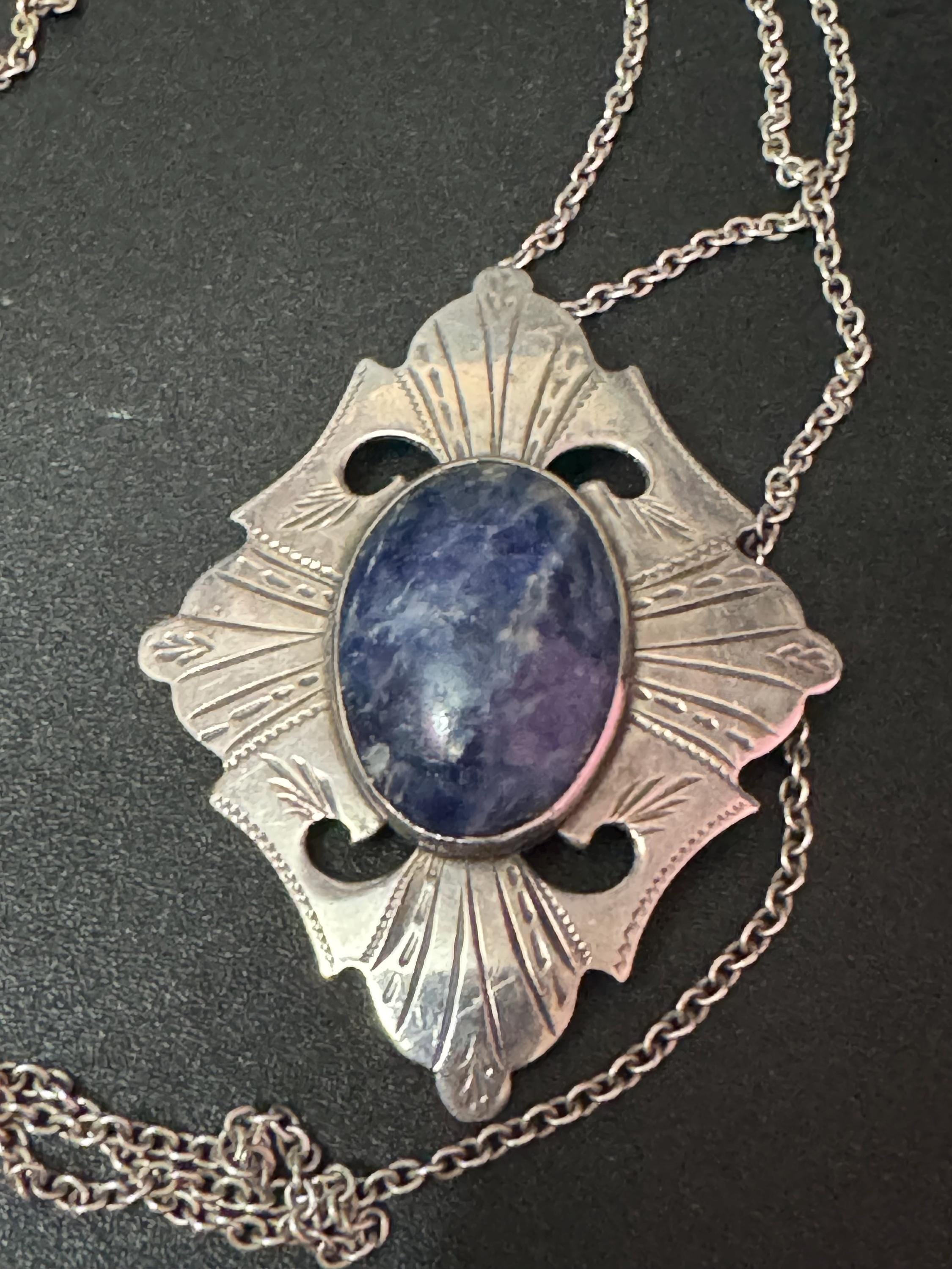 Vintage 925 Sterling Silver Necklace with large blue gemstone sodalite pendant full hallmarks
