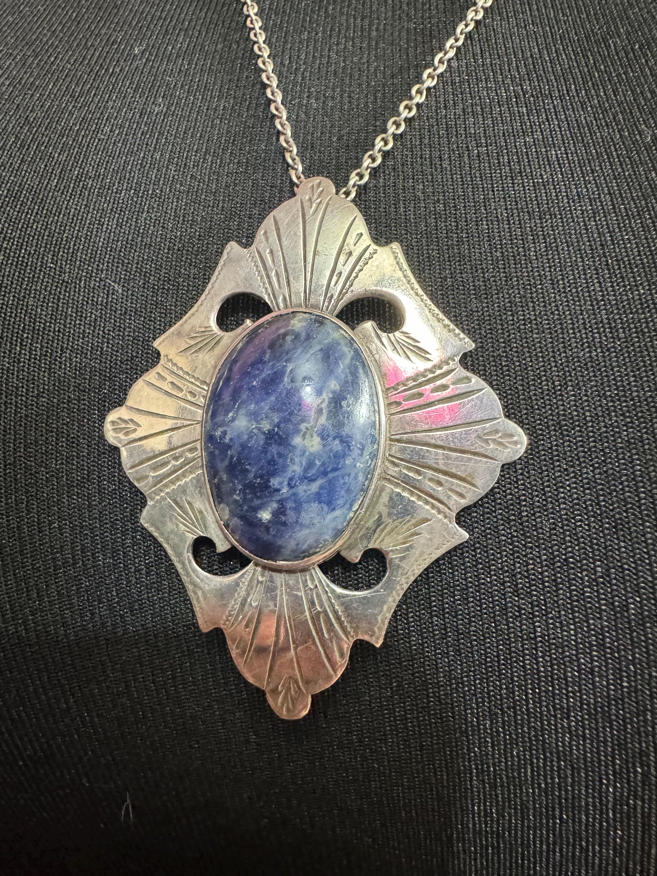 Vintage 925 Sterling Silver Necklace with large blue gemstone sodalite pendant full hallmarks