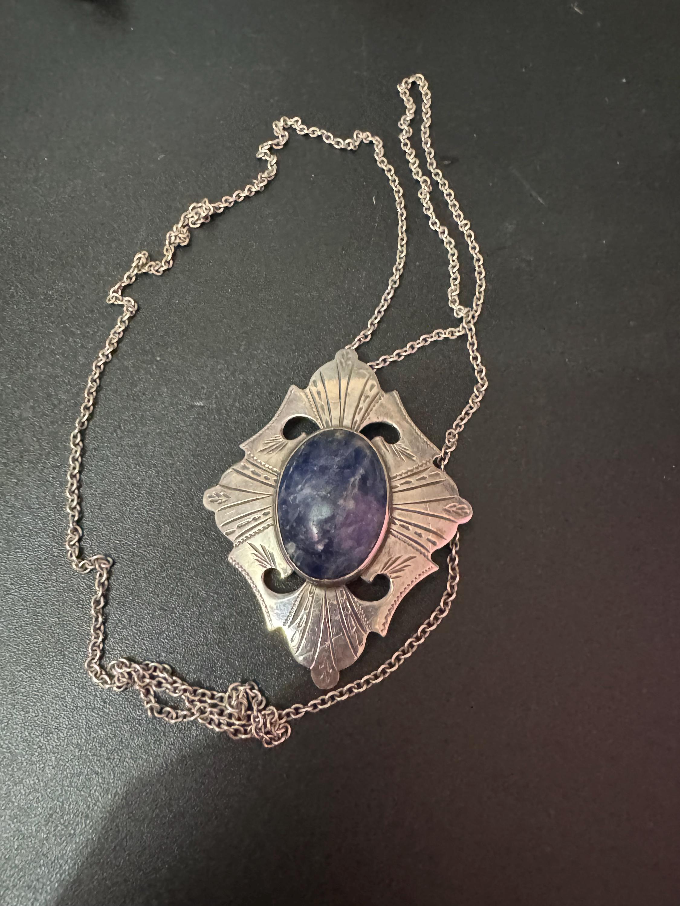 Vintage 925 Sterling Silver Necklace with large blue gemstone sodalite pendant full hallmarks