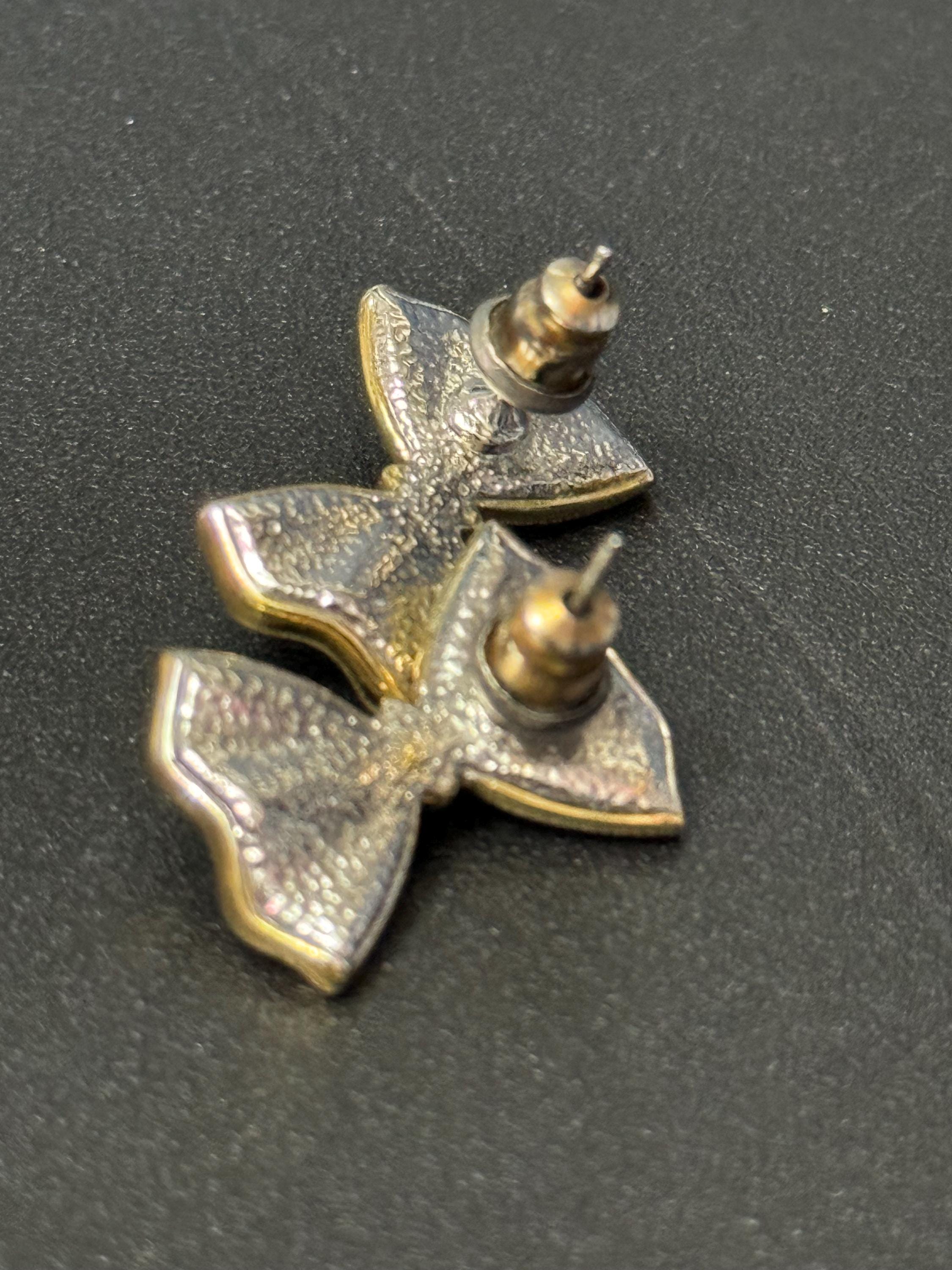 Vintage gold tone diamante bow earrings for pierced ears