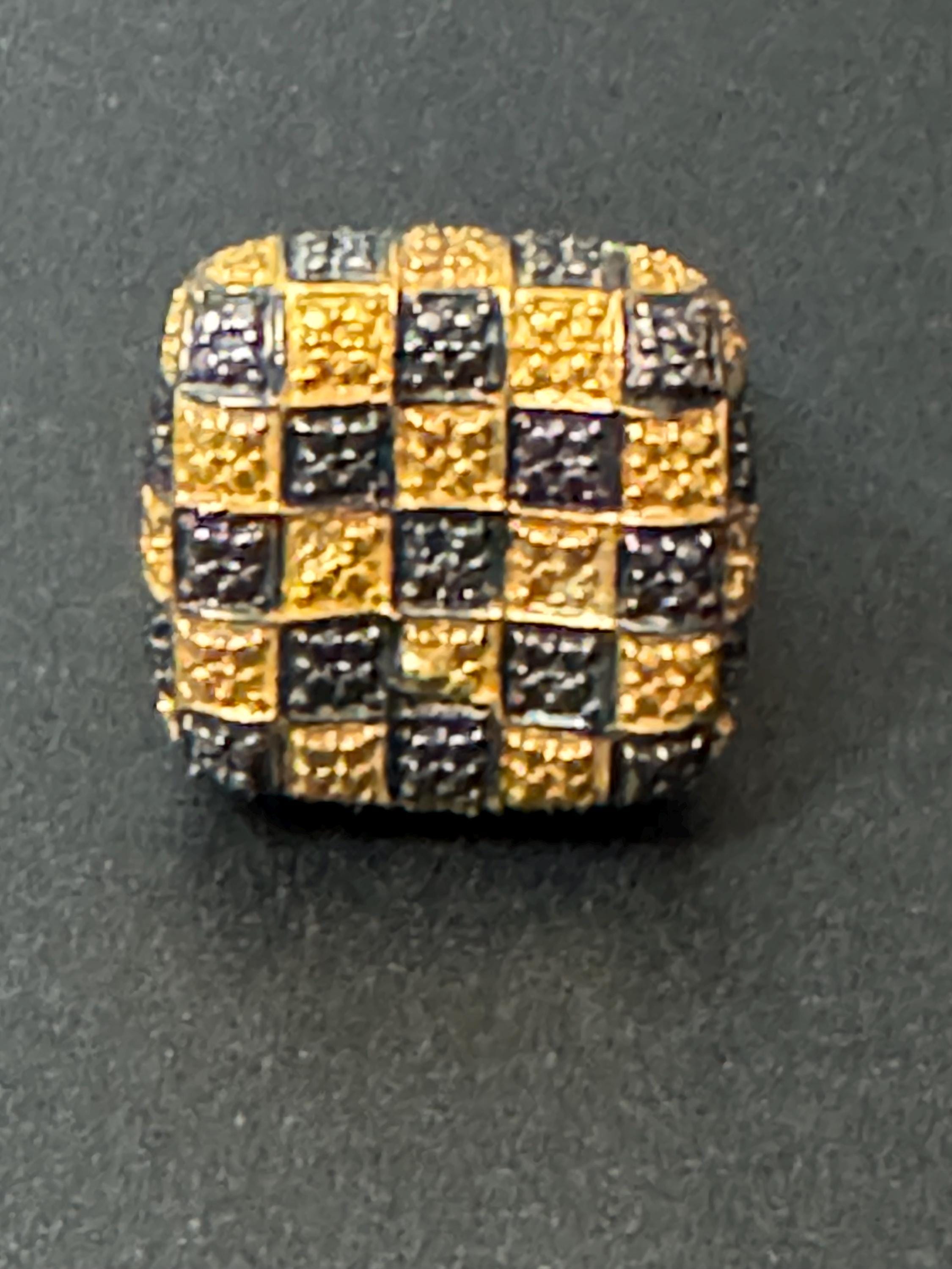 Signed Karis retro gold plated black chequerboard oversized square cocktail ring size Q.5
