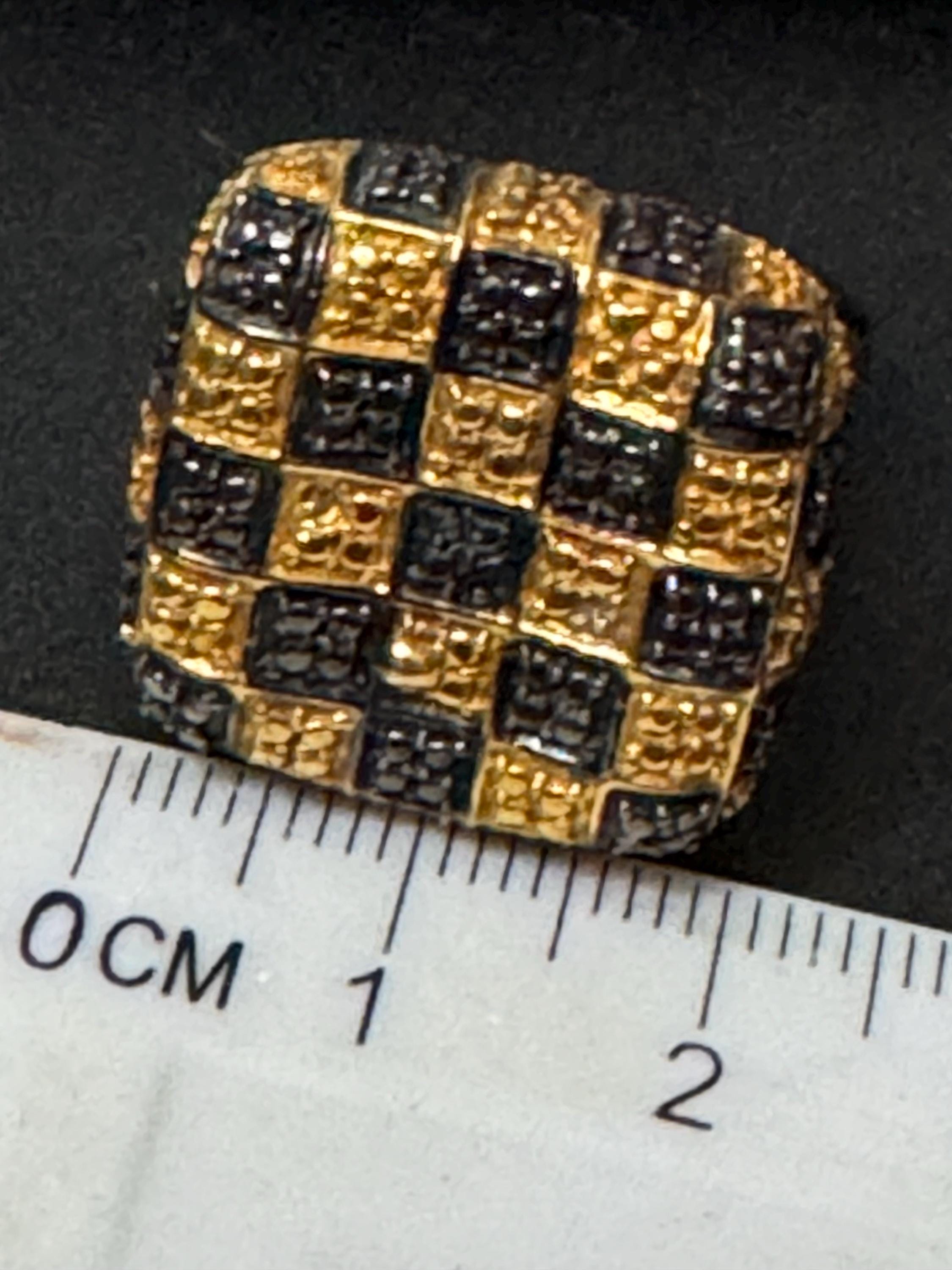Signed Karis retro gold plated black chequerboard oversized square cocktail ring size Q.5