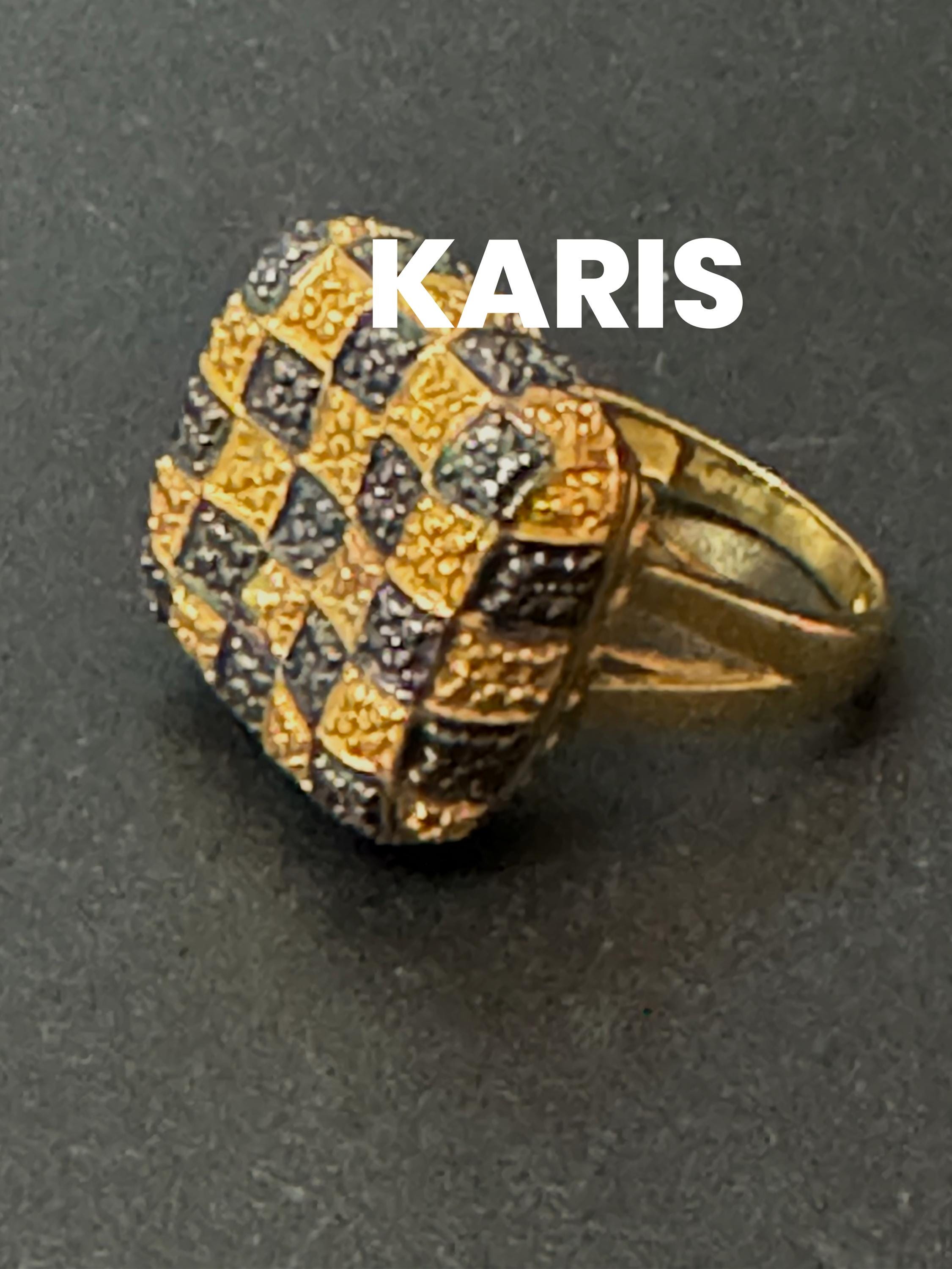 Signed Karis retro gold plated black chequerboard oversized square cocktail ring size Q.5