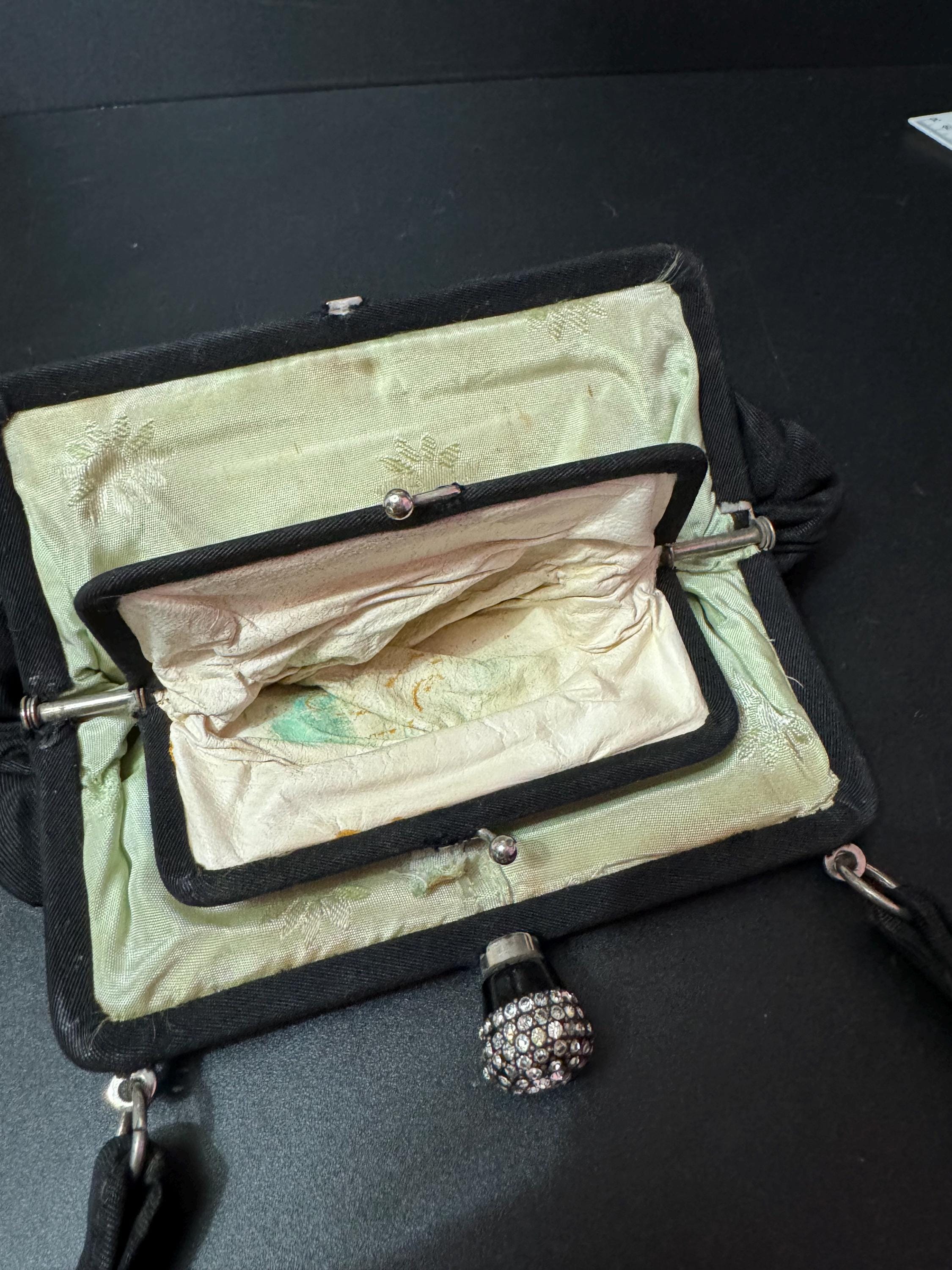 Vintage Art Deco Black Grosgrain Evening Bag with Diamanté Clasp