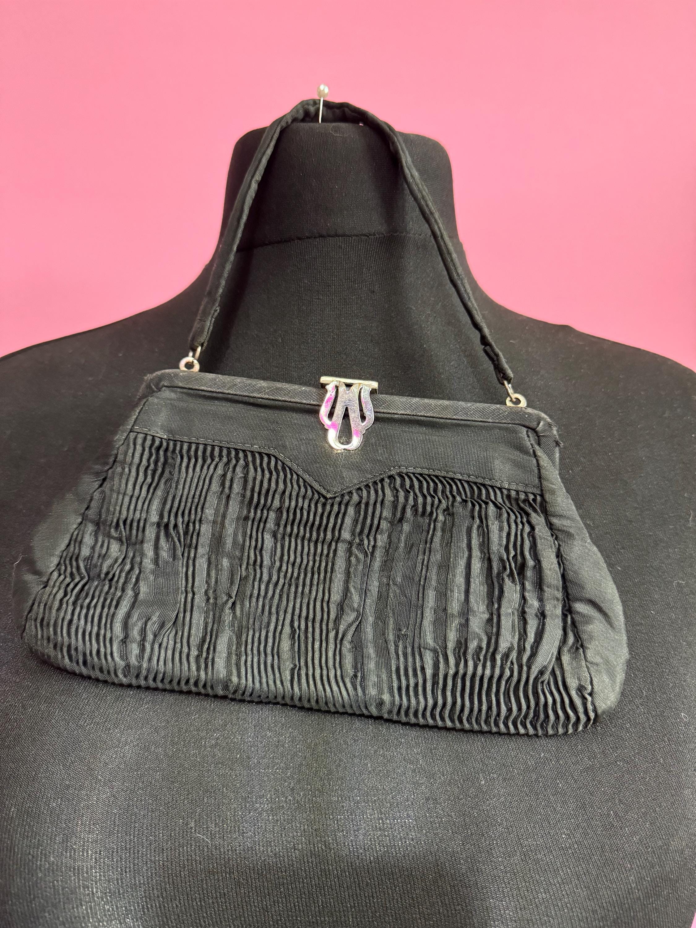 Art Deco Vintage little black evening bag purse with chrome finish