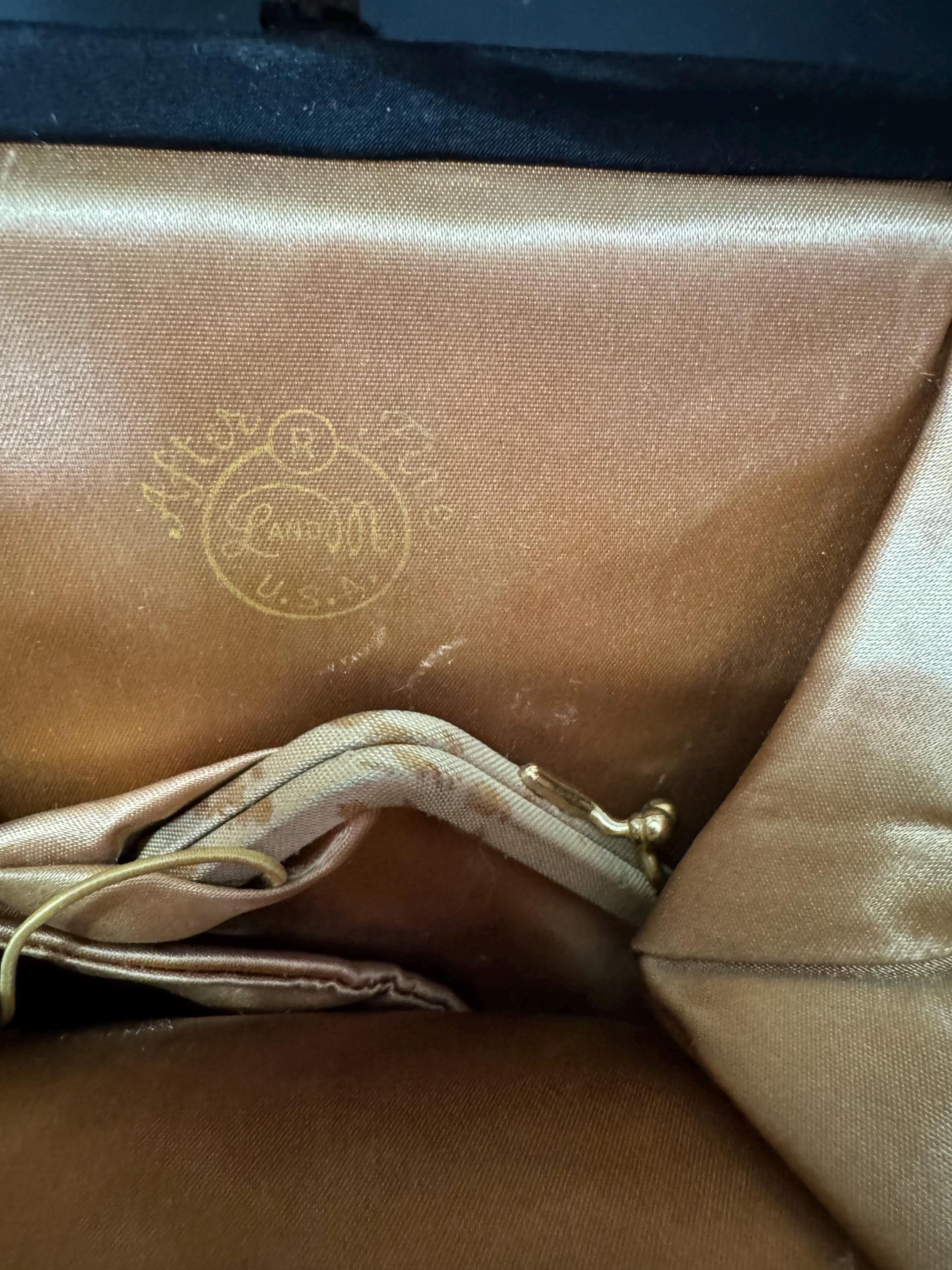 Signed Vintage Satin Evening Purse: Art Deco Brass Clasp