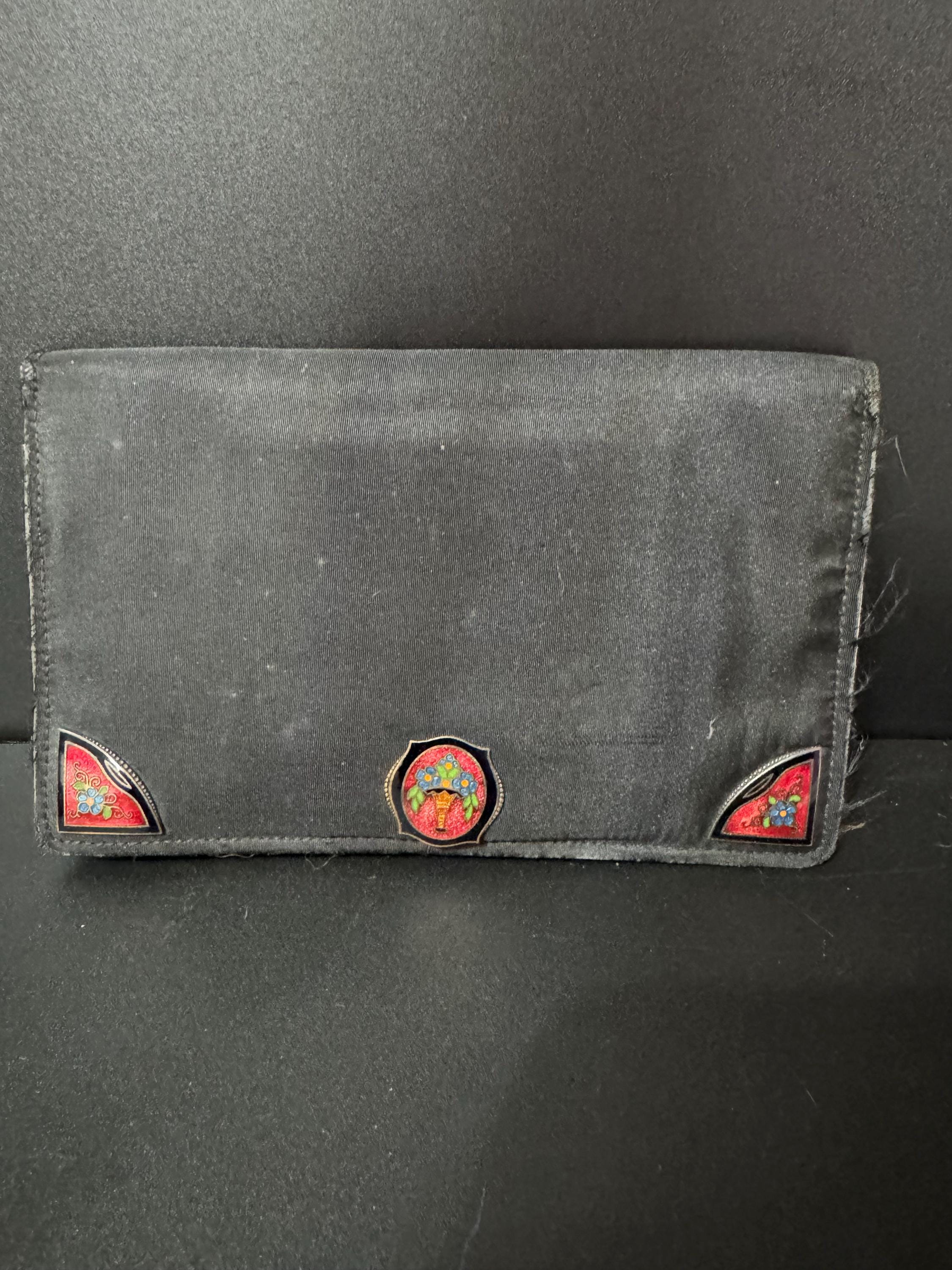 Art Deco Painted Silk Clutch: Vintage Black Evening Bag with Guilloche Enamel