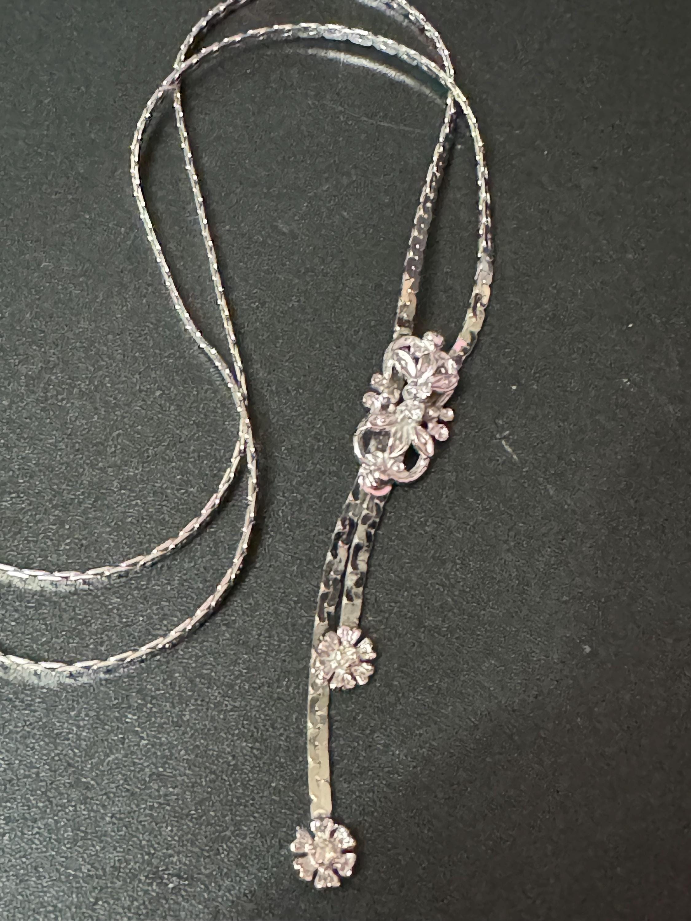Vintage solid silver 835 minimalist clear diamanté paste stone glass drop flat chain lariat negligee necklace