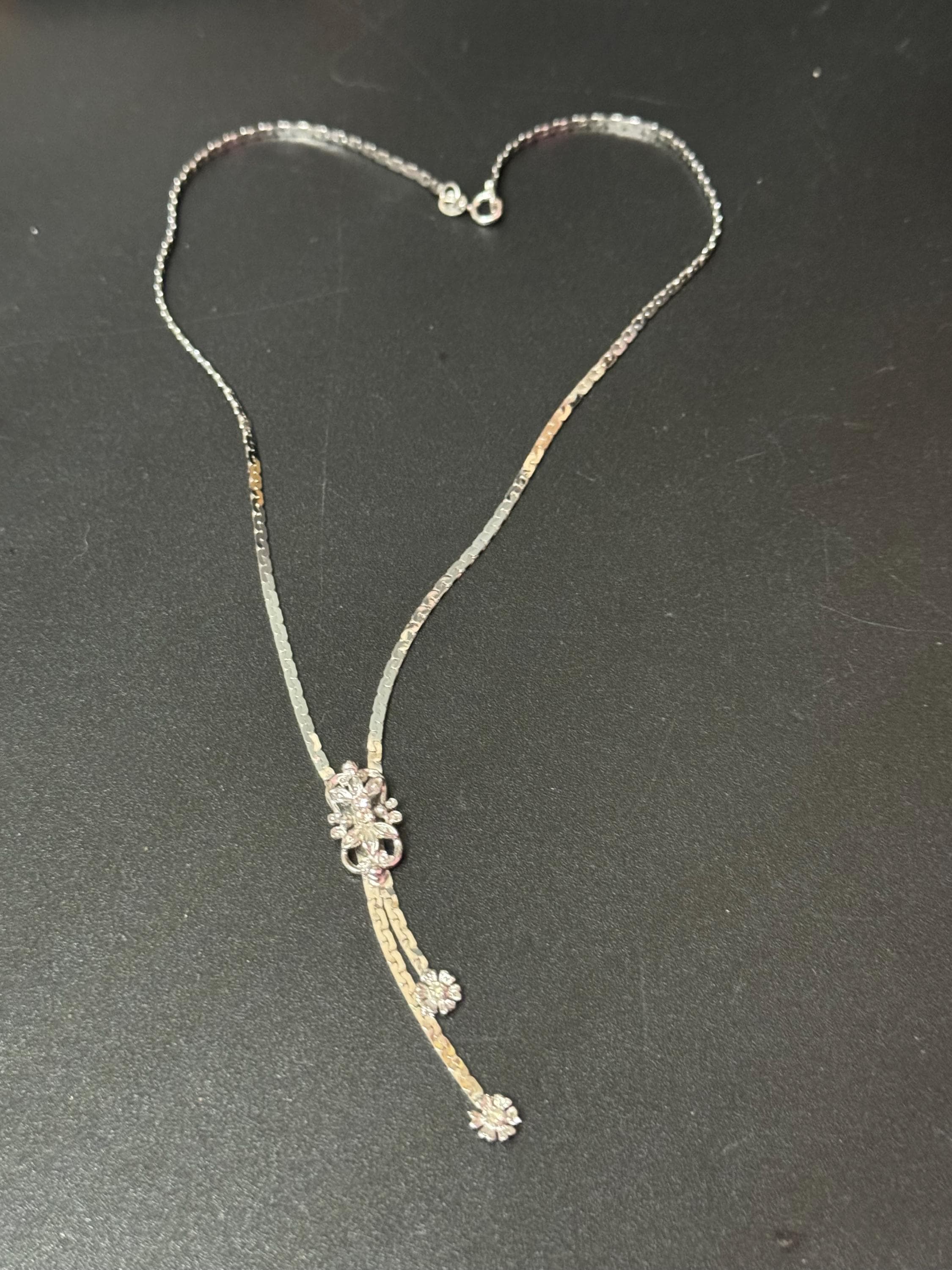 Vintage solid silver 835 minimalist clear diamanté paste stone glass drop flat chain lariat negligee necklace