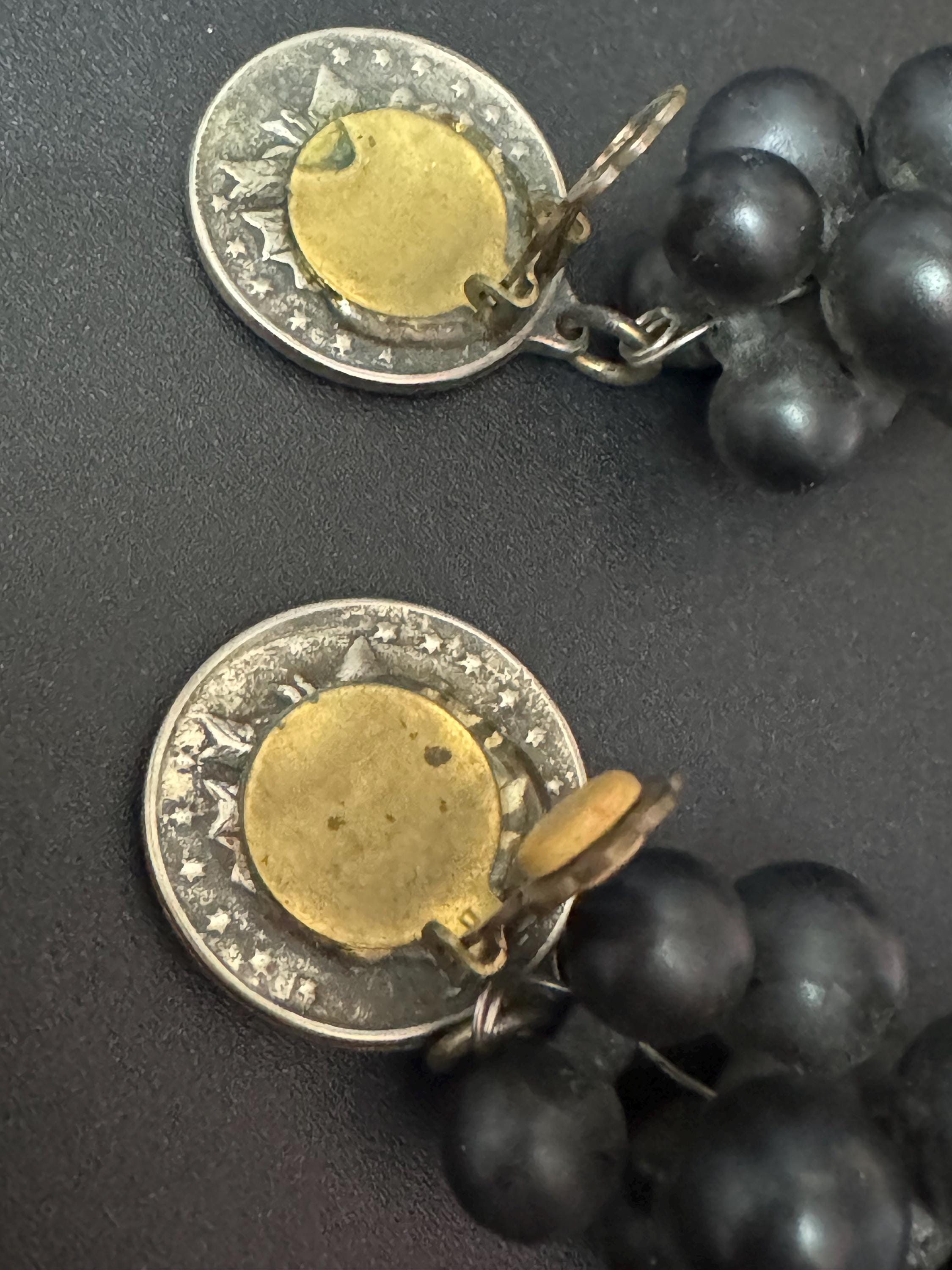 Vintage replica 1907 10 dollar coin black grape cluster oversized clip on earrings