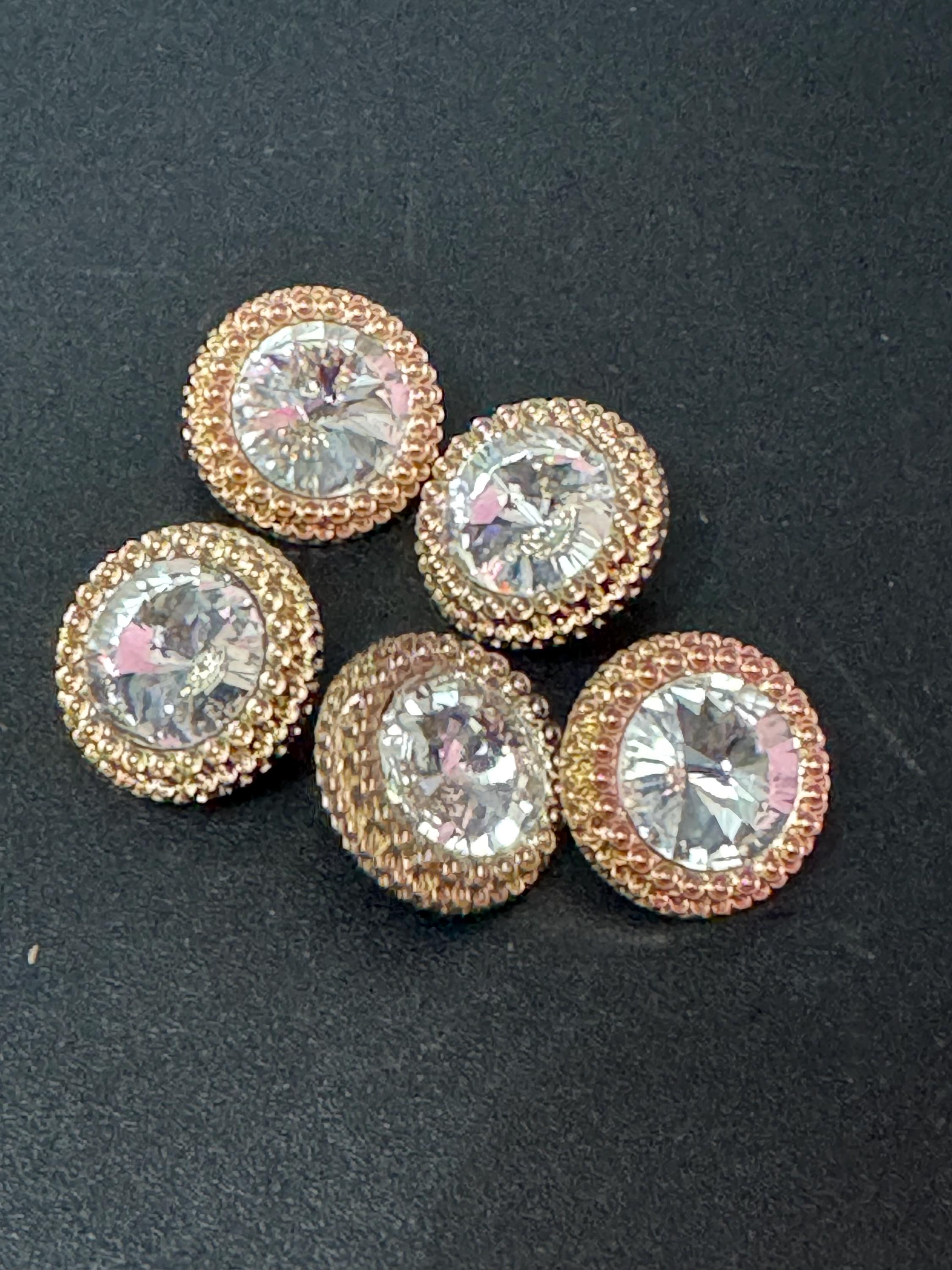 17mm clear Rivoli Crystal glass buttons, pack of 5, gold tone metal