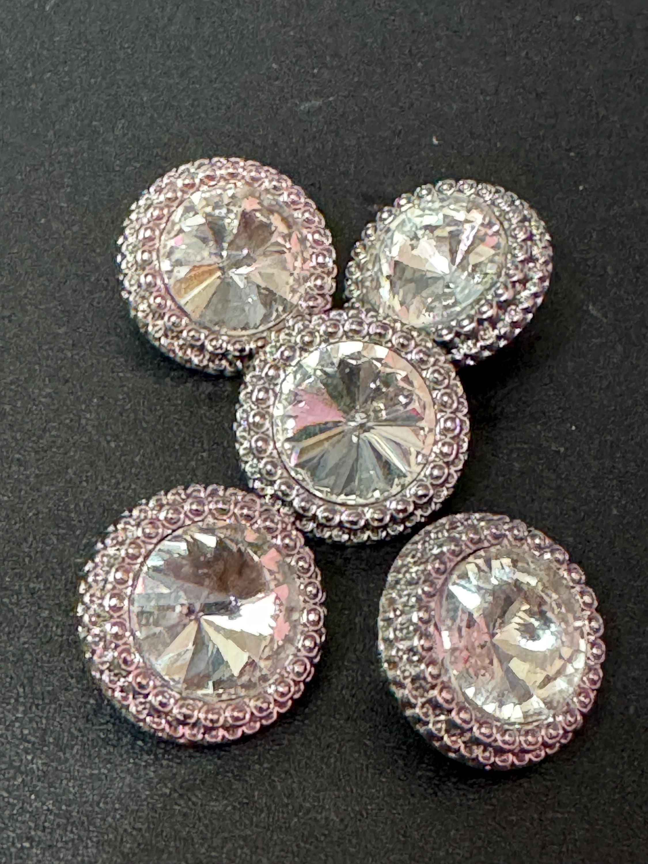 17mm clear Rivoli Crystal glass buttons, pack of 5, silver tone metal