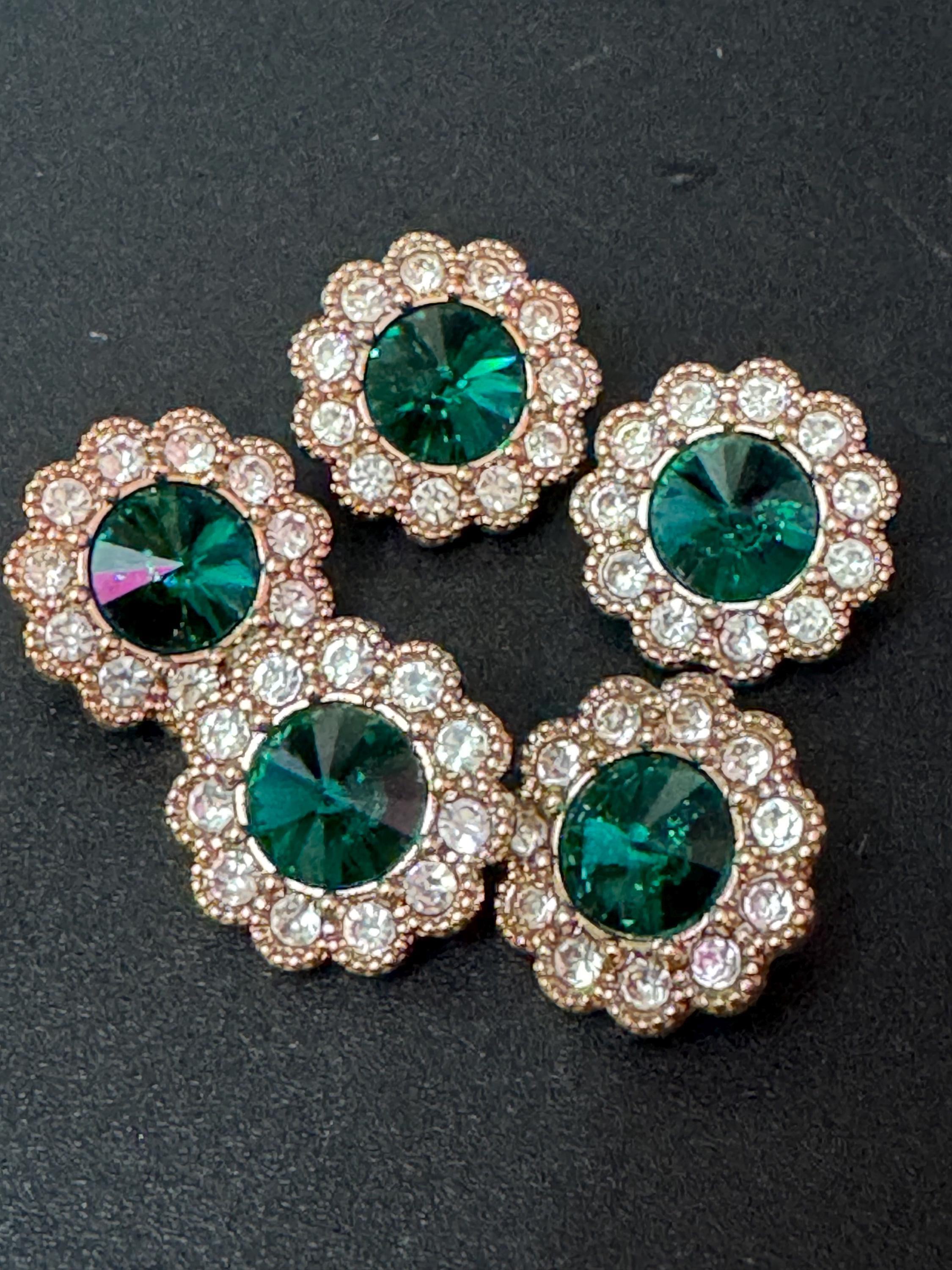 20mm clear and emerald green rivoli Crystal glass flower buttons, pack of 5, gold tone metal