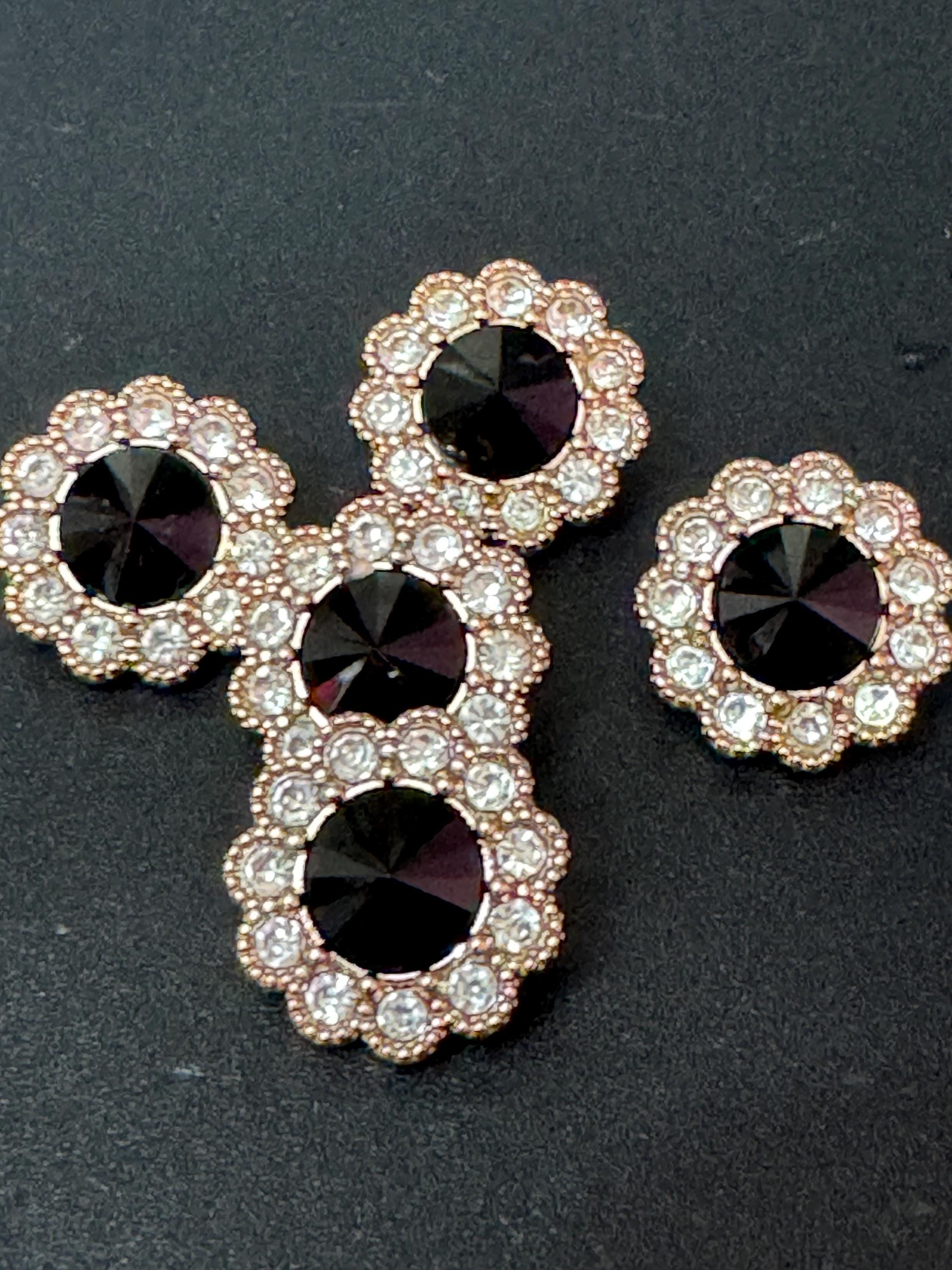 Rivoli Crystal Flower Buttons: Black & Clear Glass, Gold Tone (20mm, Pack of 5)