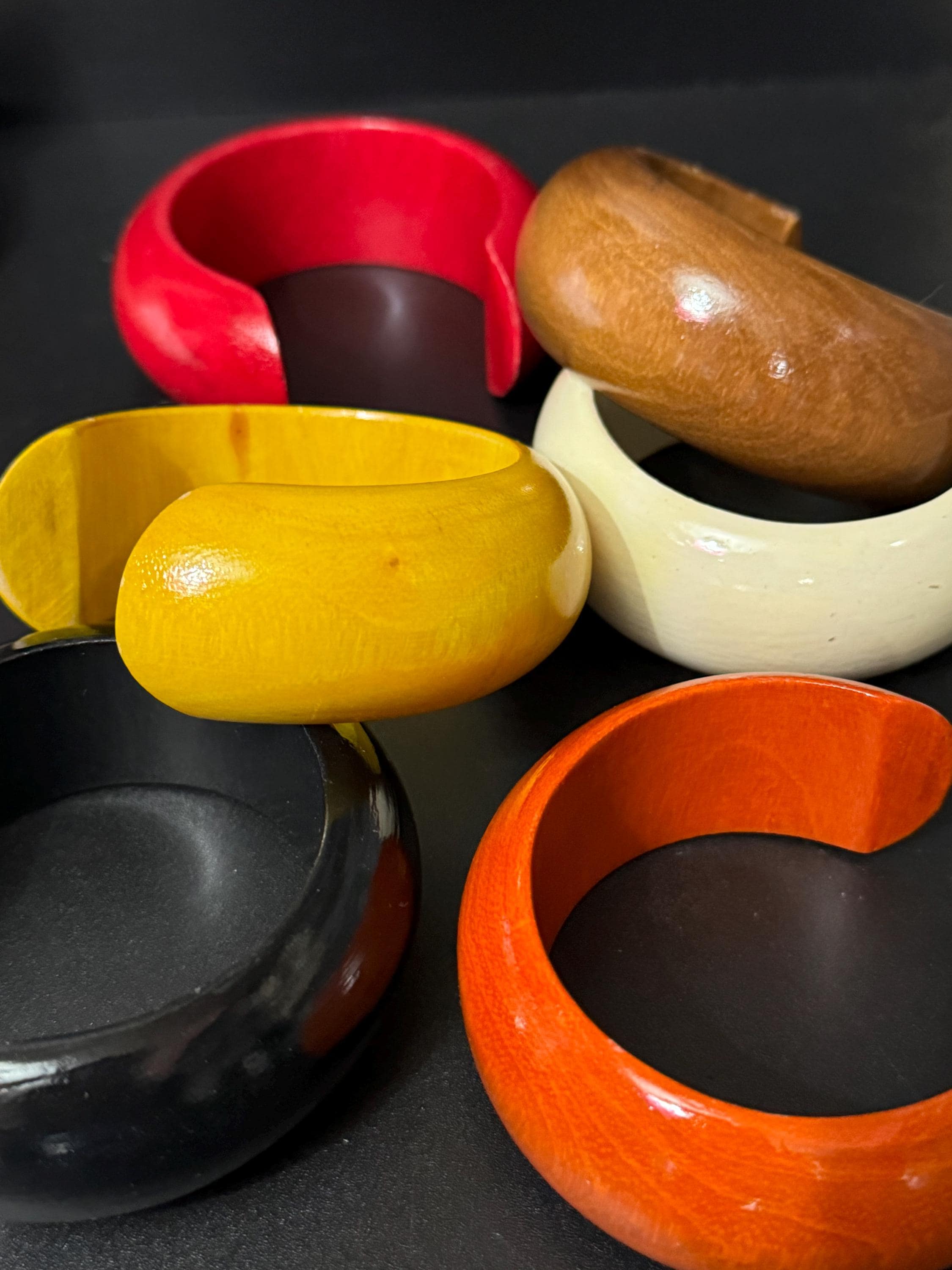 Retro 2.5cm wide coloured wooden bangles, open cuff bracelets, create a bangle stack