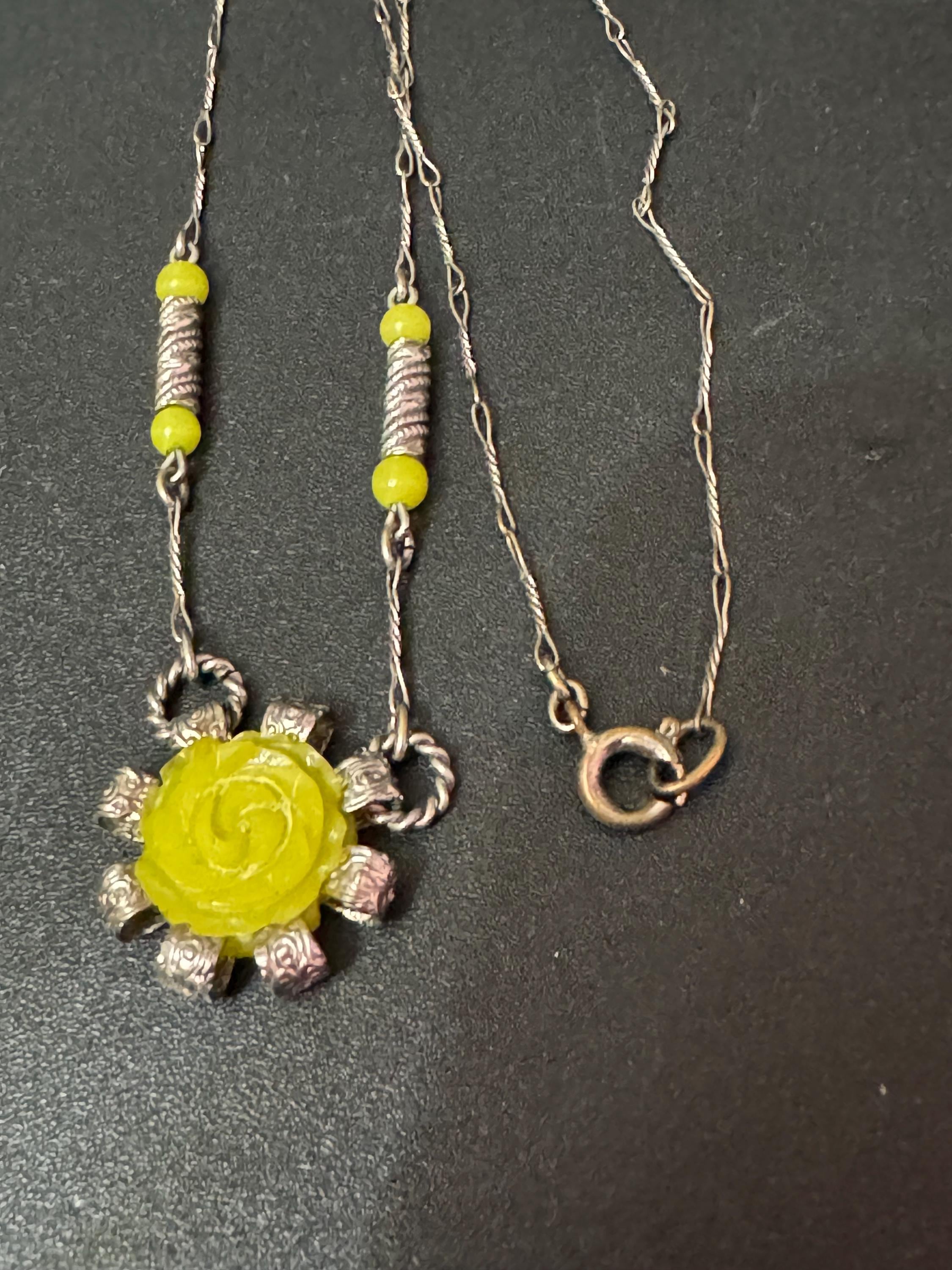 Art Deco Lime Green Galalith Rose Pendant Necklace (45cm)