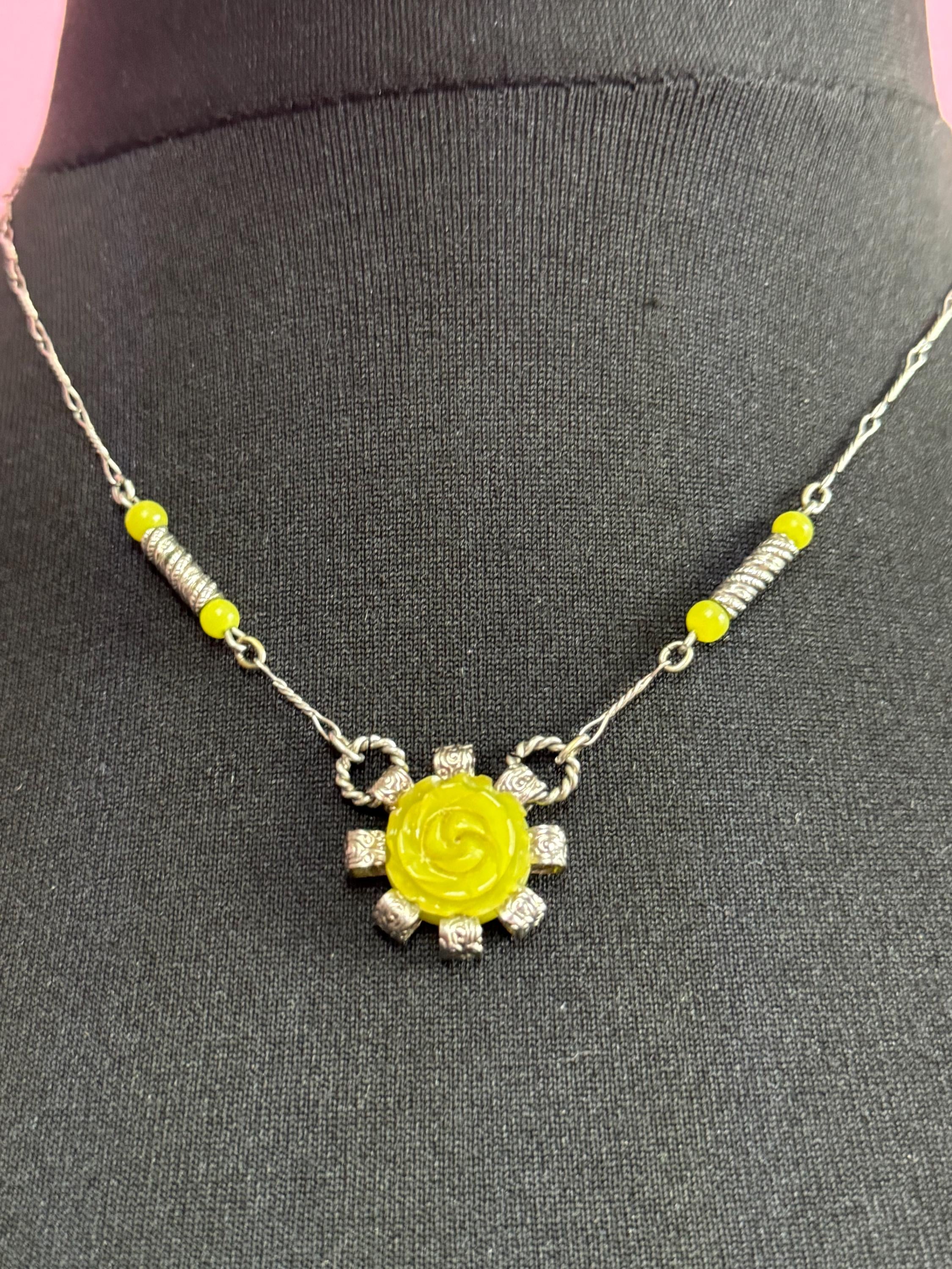 Art Deco Lime Green Galalith Rose Pendant Necklace (45cm)