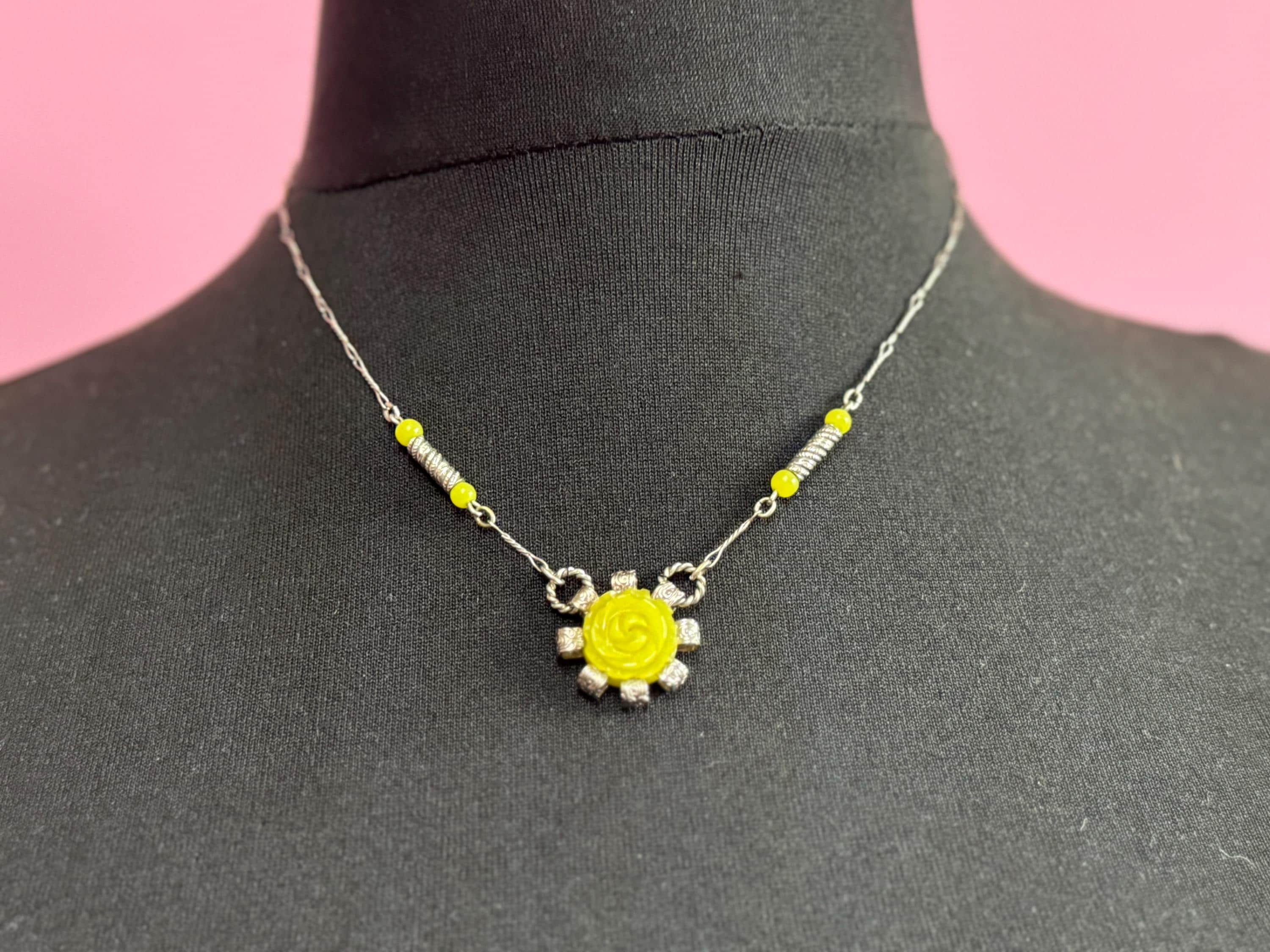 Art Deco Lime Green Galalith Rose Pendant Necklace (45cm)