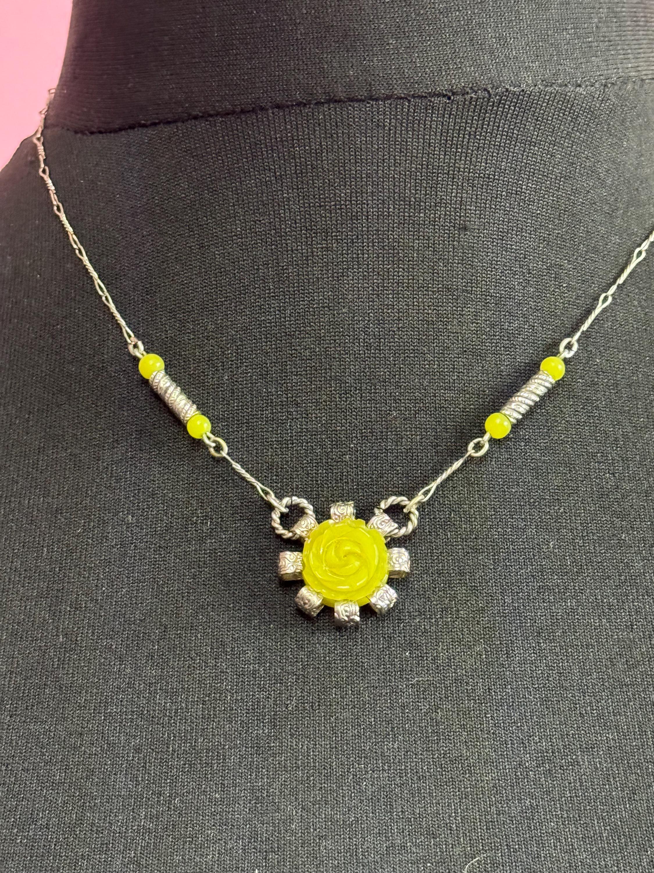 Art Deco Lime Green Galalith Rose Pendant Necklace (45cm)