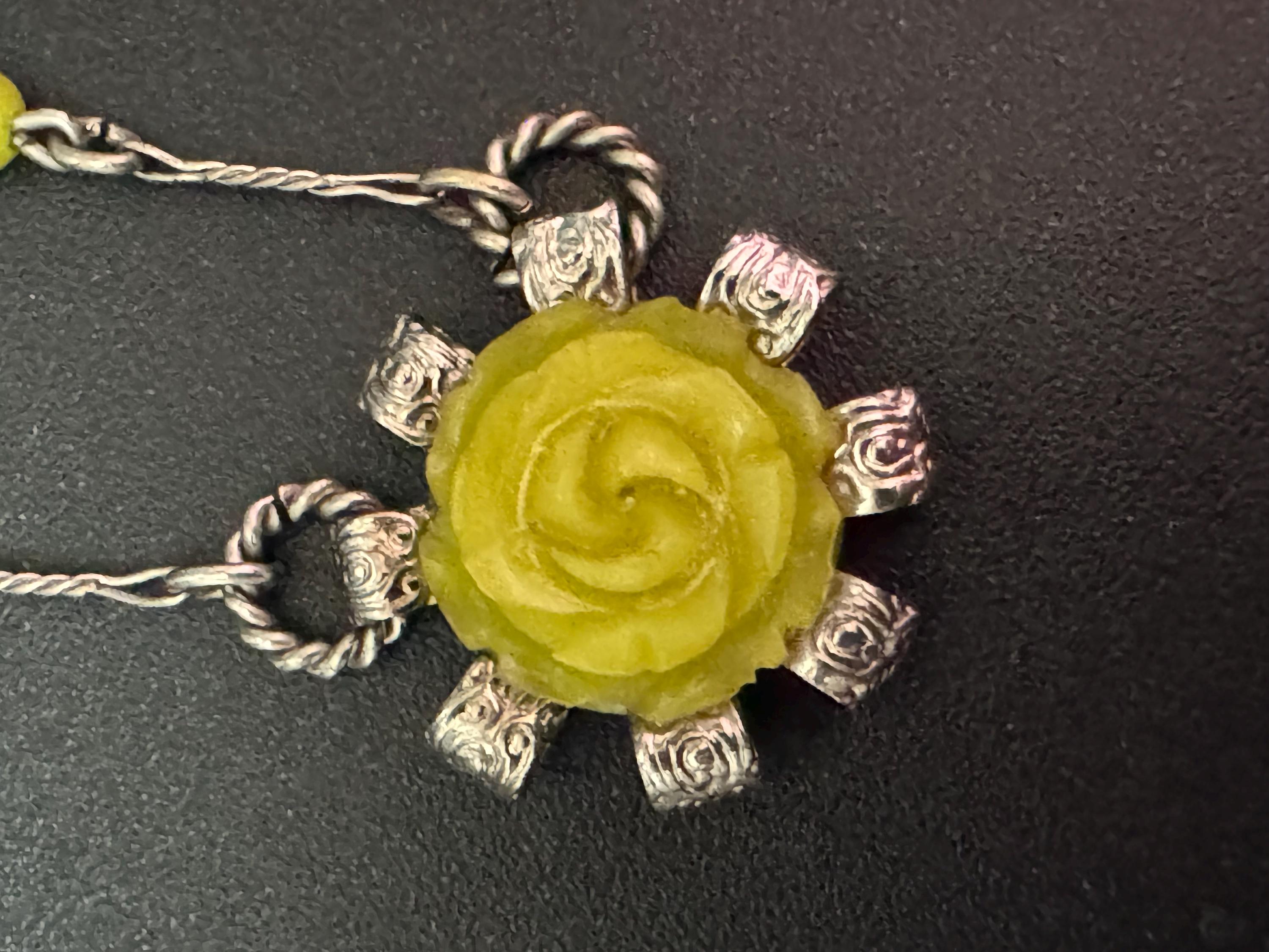 Art Deco Lime Green Galalith Rose Pendant Necklace (45cm)