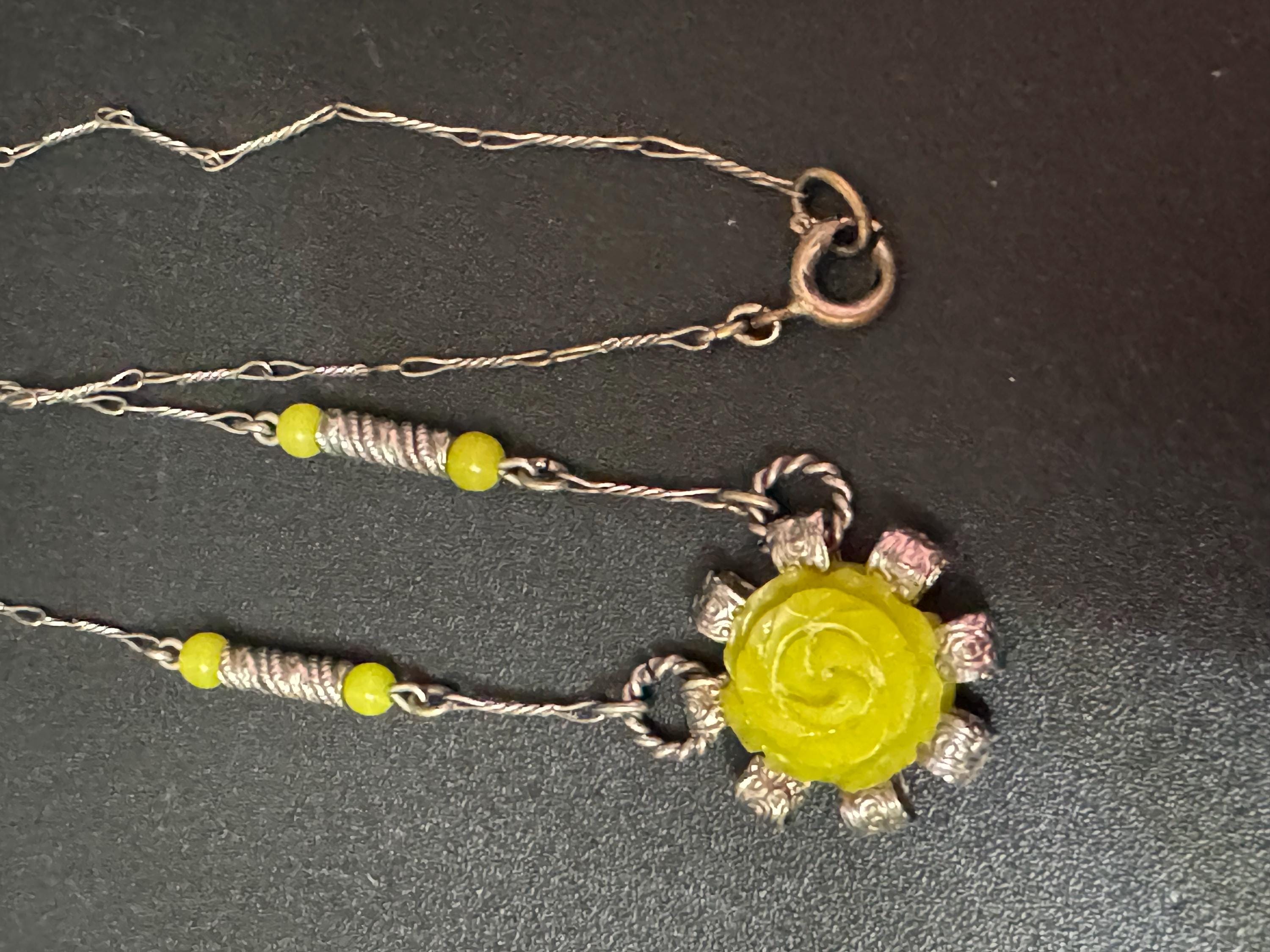 Art Deco Lime Green Galalith Rose Pendant Necklace (45cm)