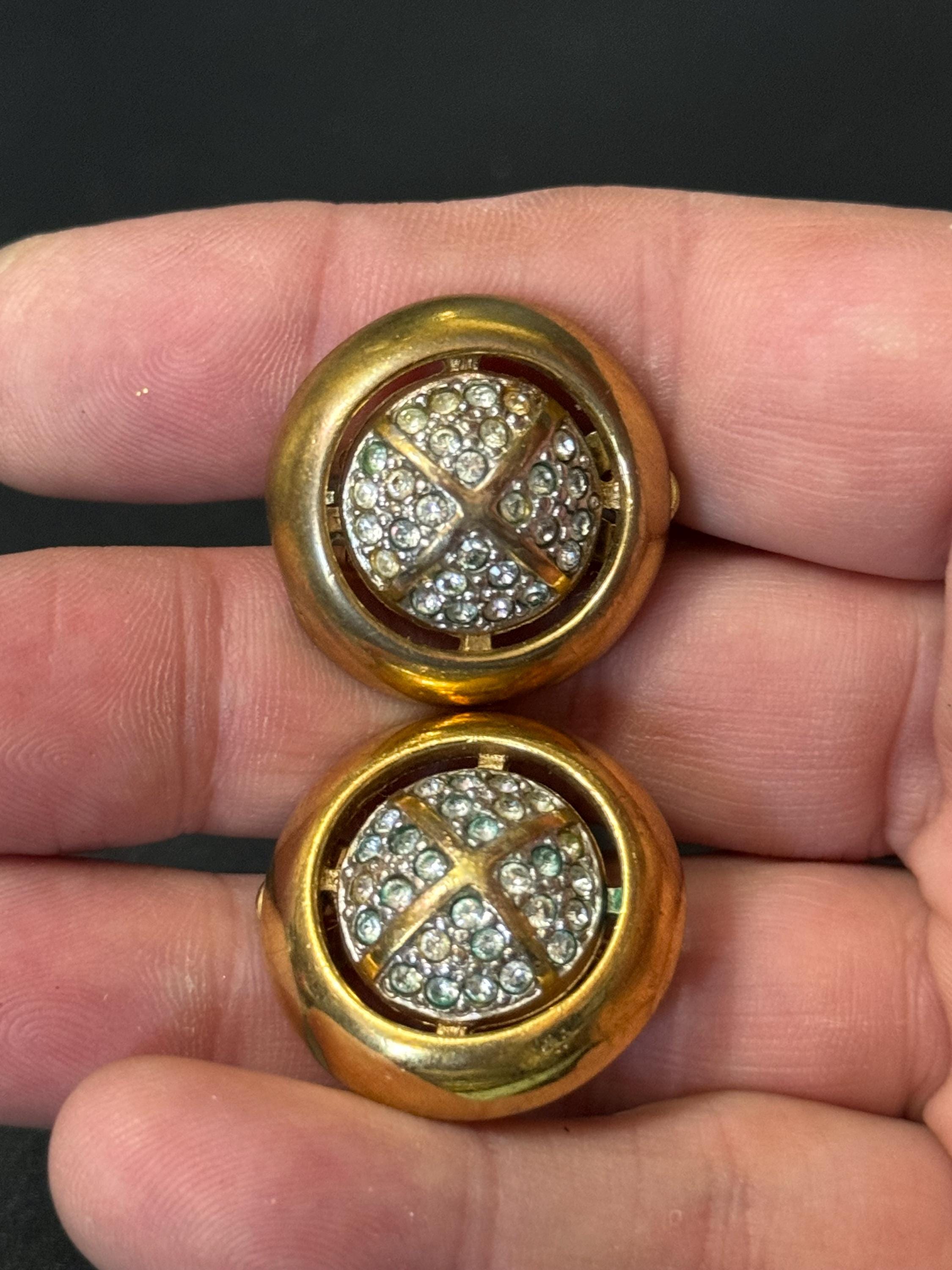 gold tone round Clip On Earrings, Clear Diamanté paste