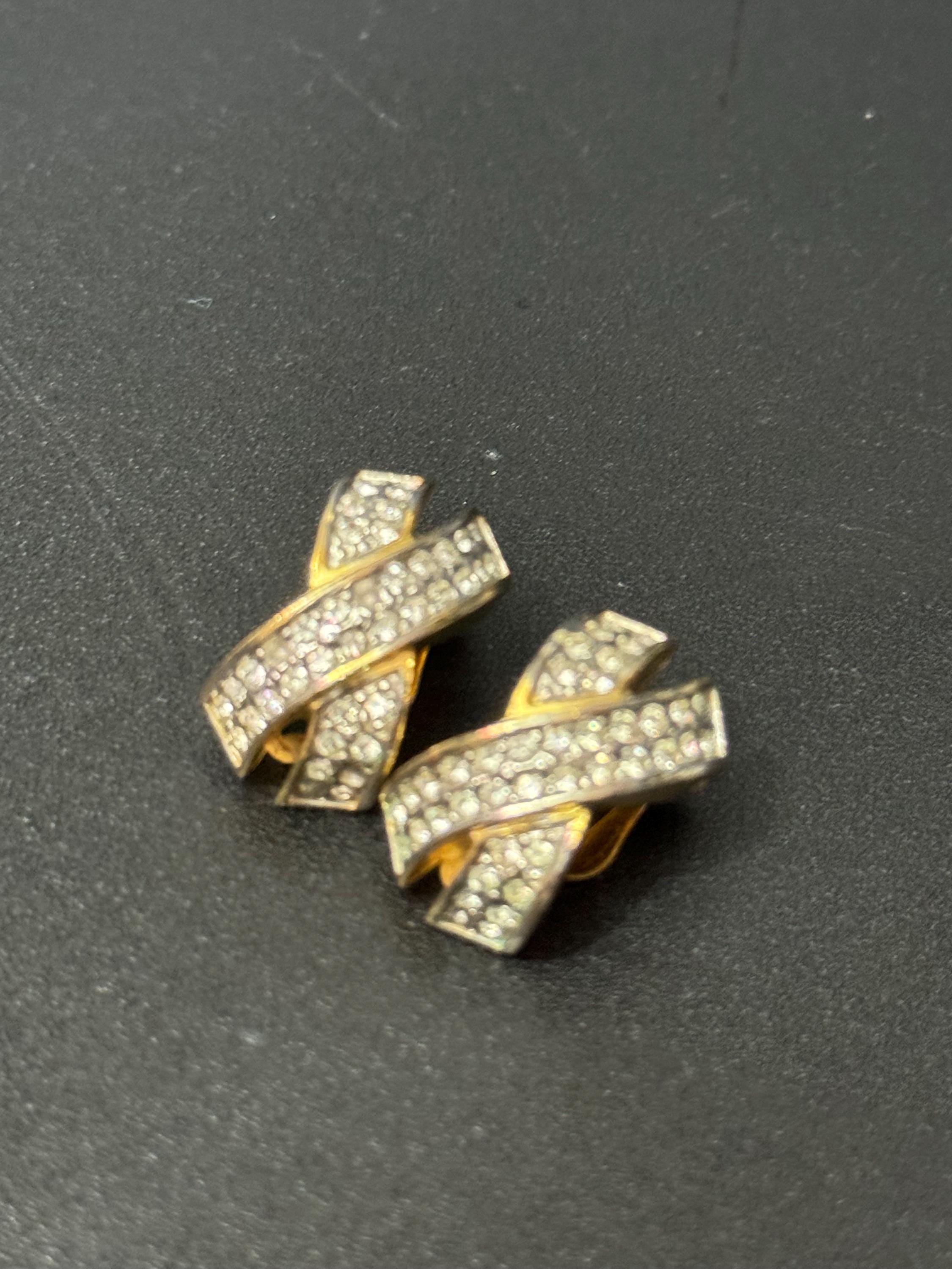 X cross Clip On Earrings, Clear Diamanté paste gold tone