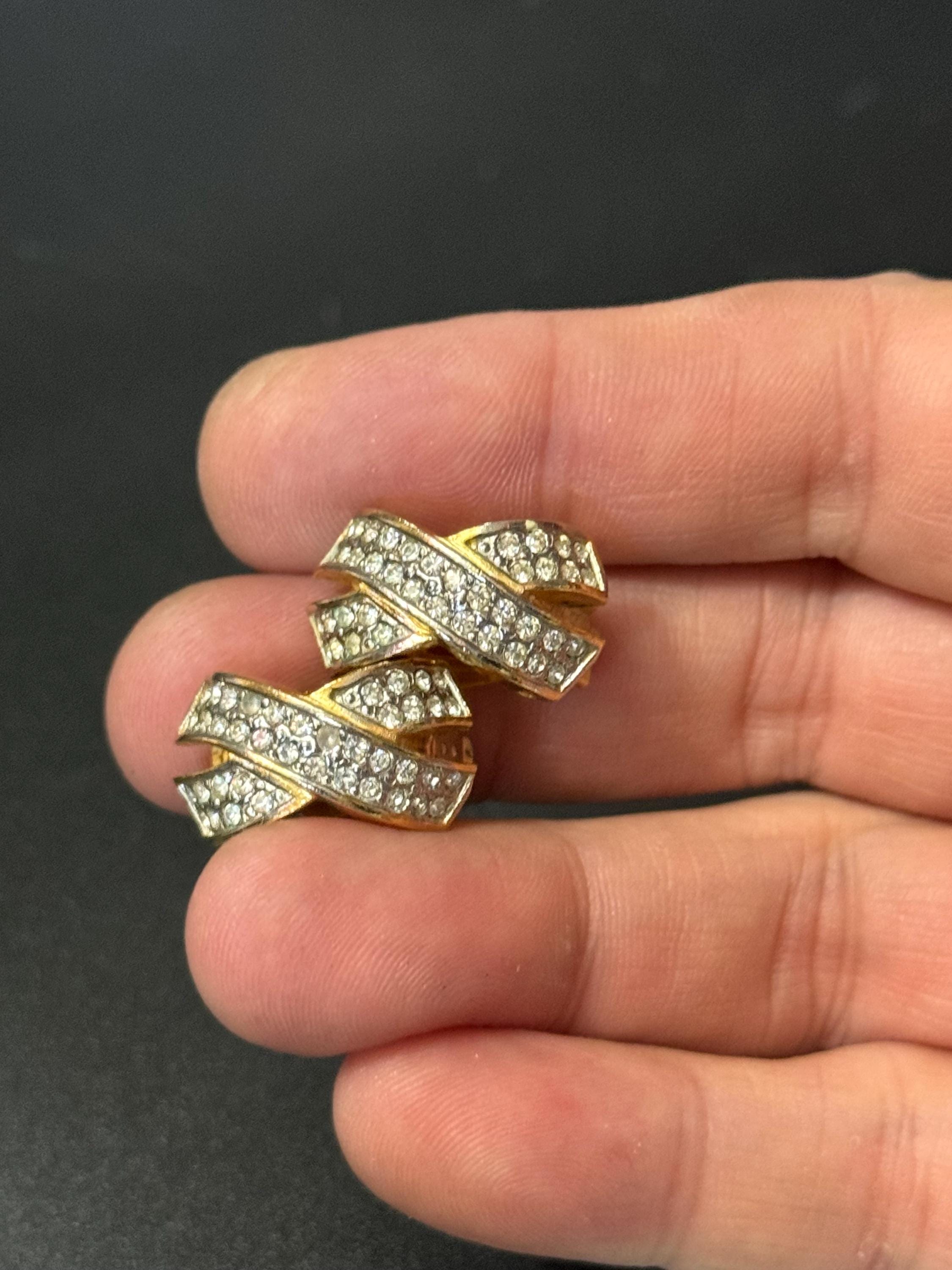 X cross Clip On Earrings, Clear Diamanté paste gold tone