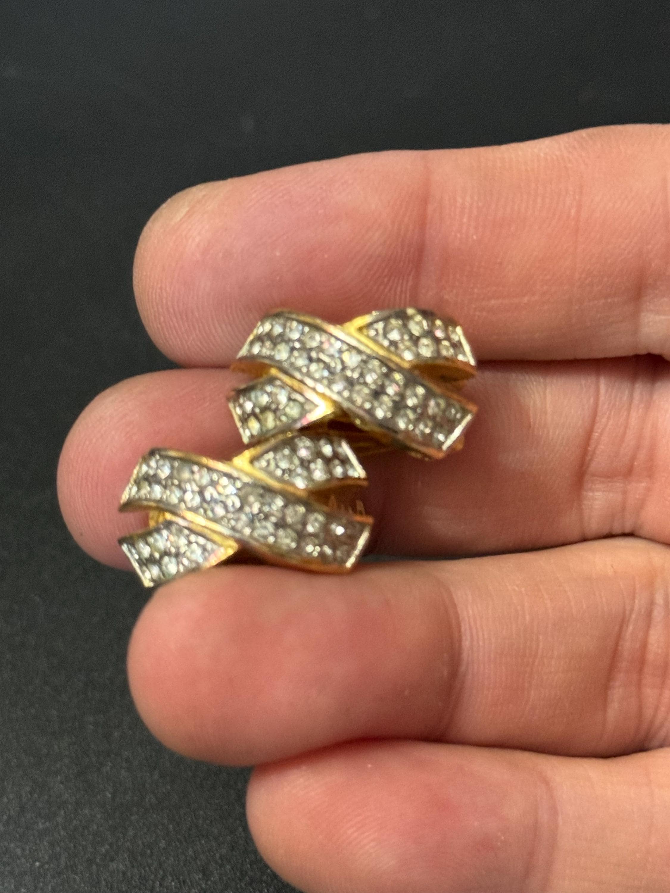 X cross Clip On Earrings, Clear Diamanté paste gold tone