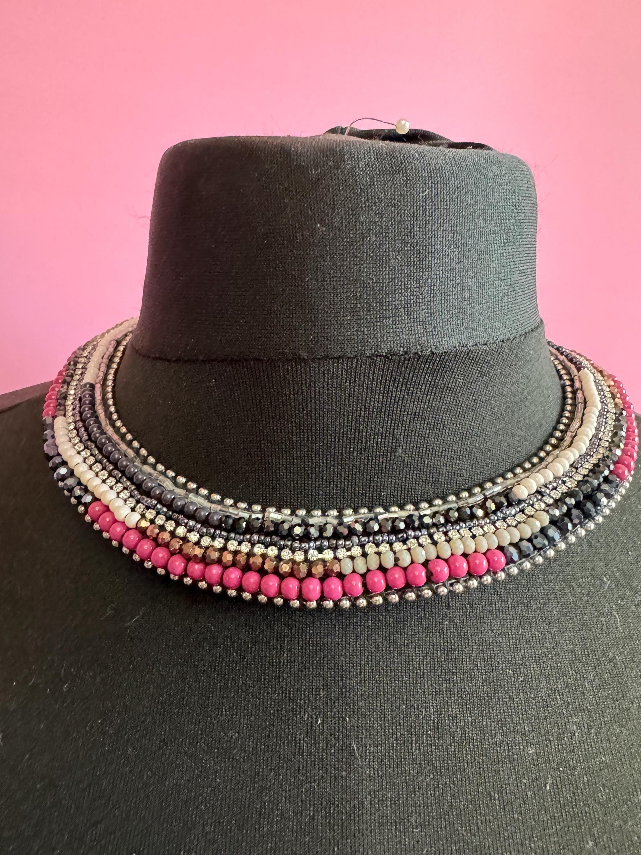 Retro black white purple and silver beaded Egyptian choker necklace with clear crystals