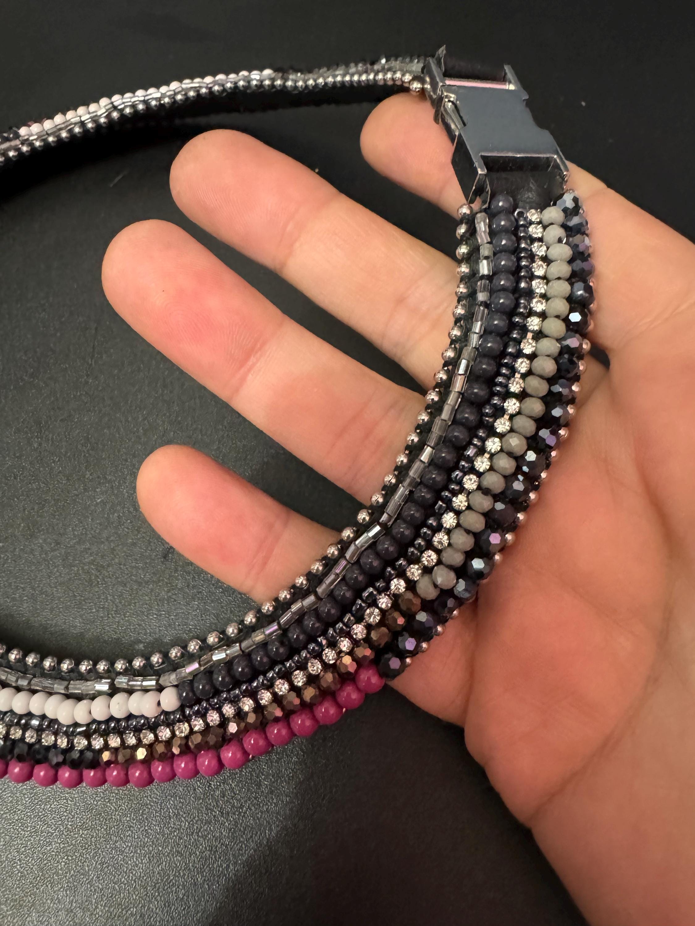Retro black white purple and silver beaded Egyptian choker necklace with clear crystals