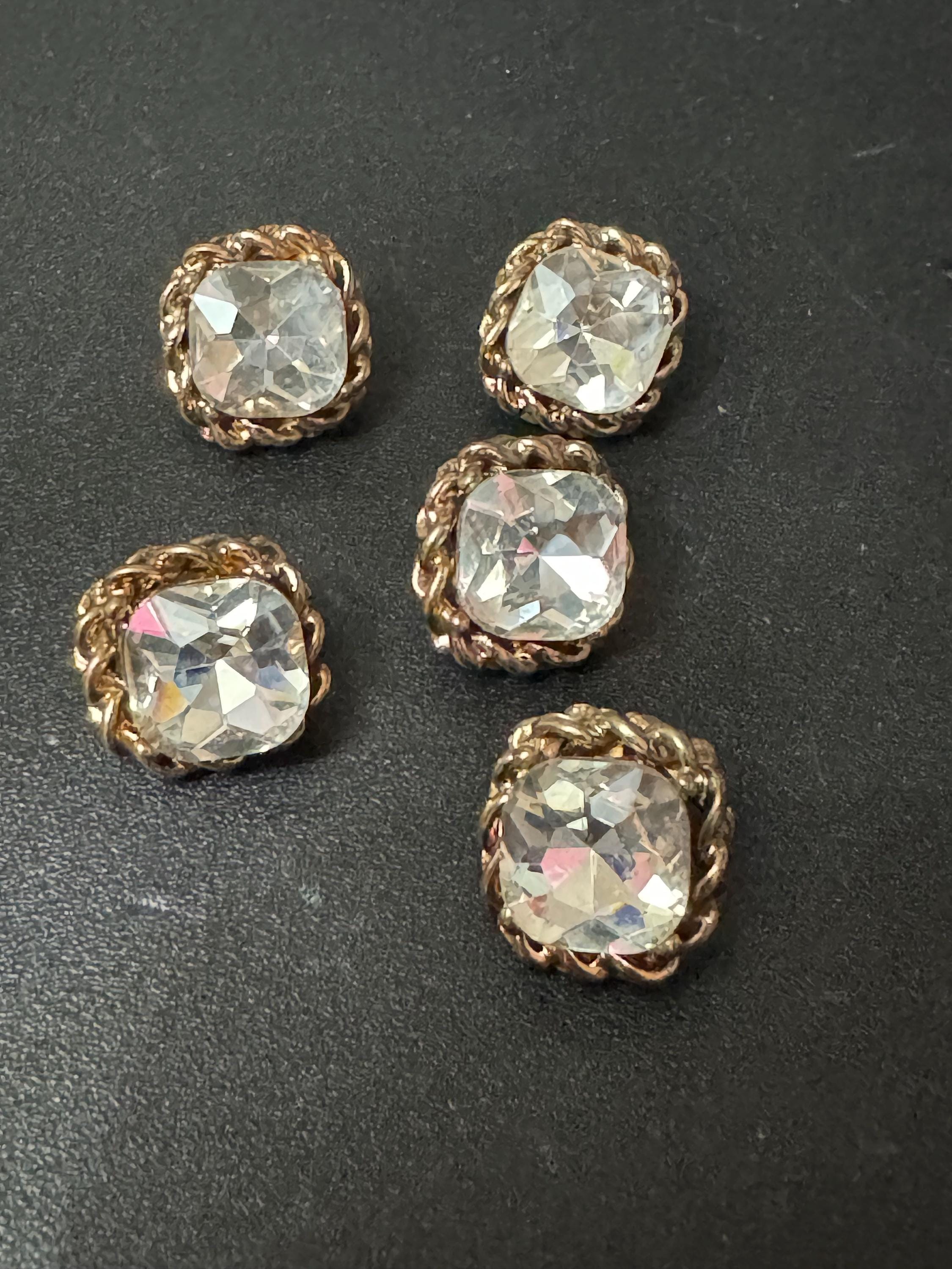 Copper Gold Diamanté Buttons: Square Crystal Shank - 14mm, Set of 5