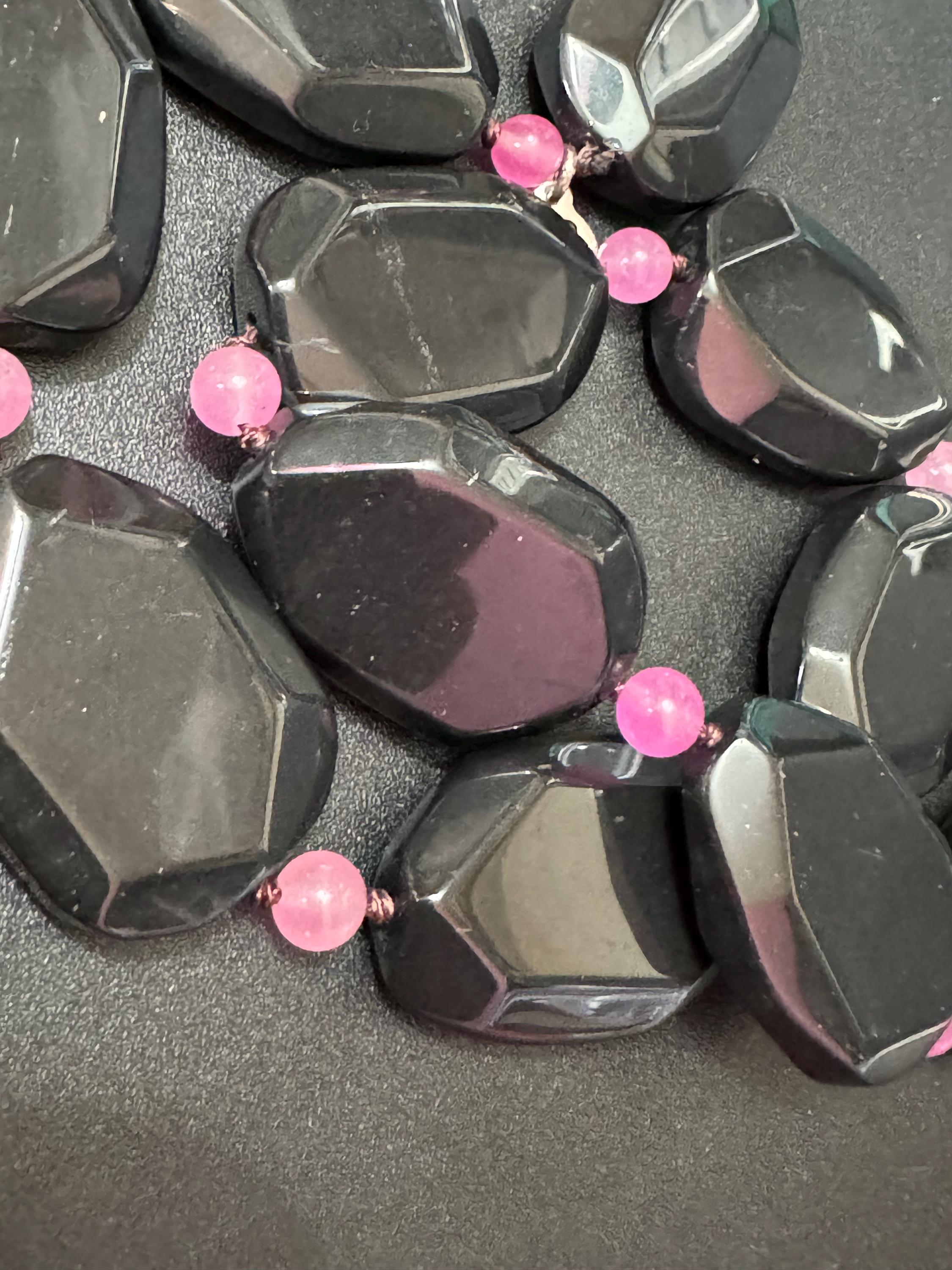 Signed Modernist Black Tourmaline & Pink Gemstone 925 Silver Necklace Bracelet Set