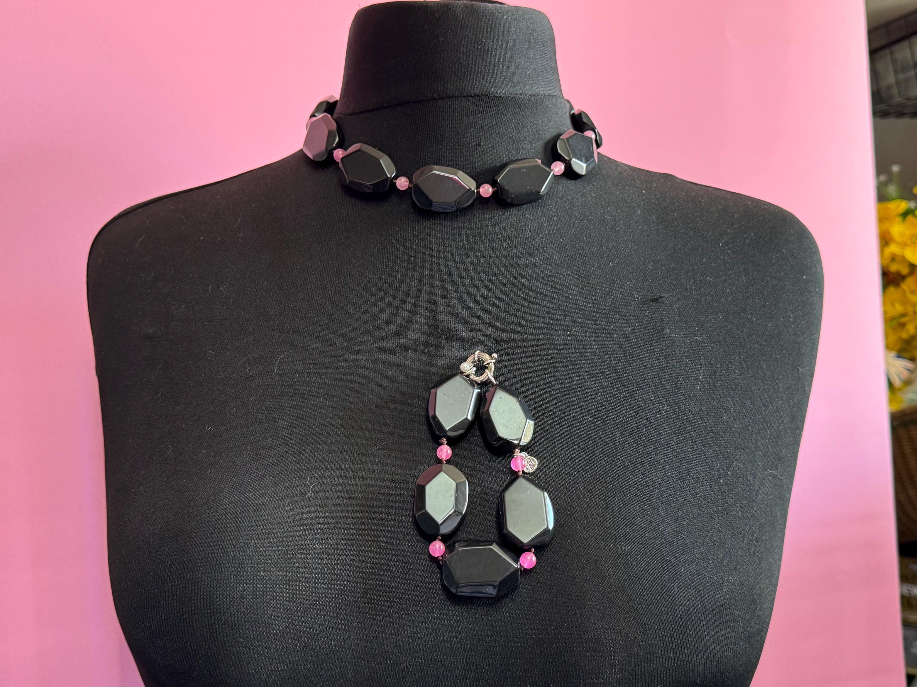 Signed Modernist Black Tourmaline & Pink Gemstone 925 Silver Necklace Bracelet Set