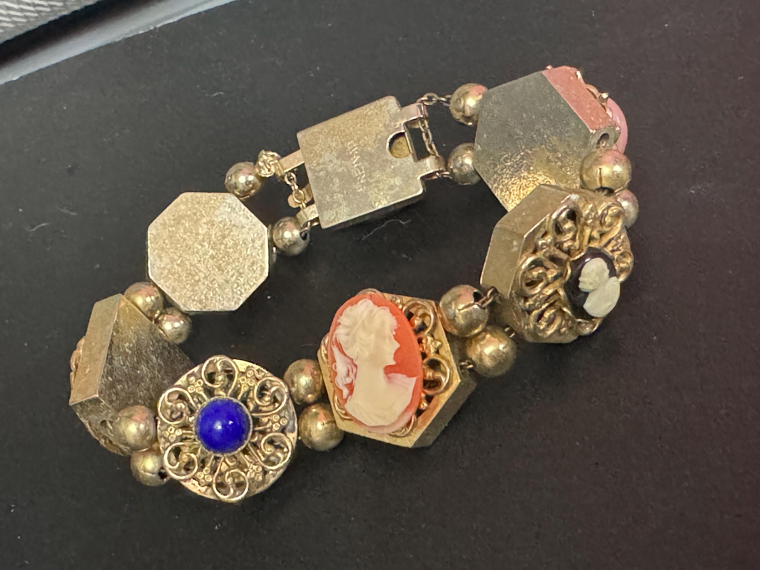 Signed Reinad Vintage Gold tone panel link cameo gemstone charm cabochon bracelet