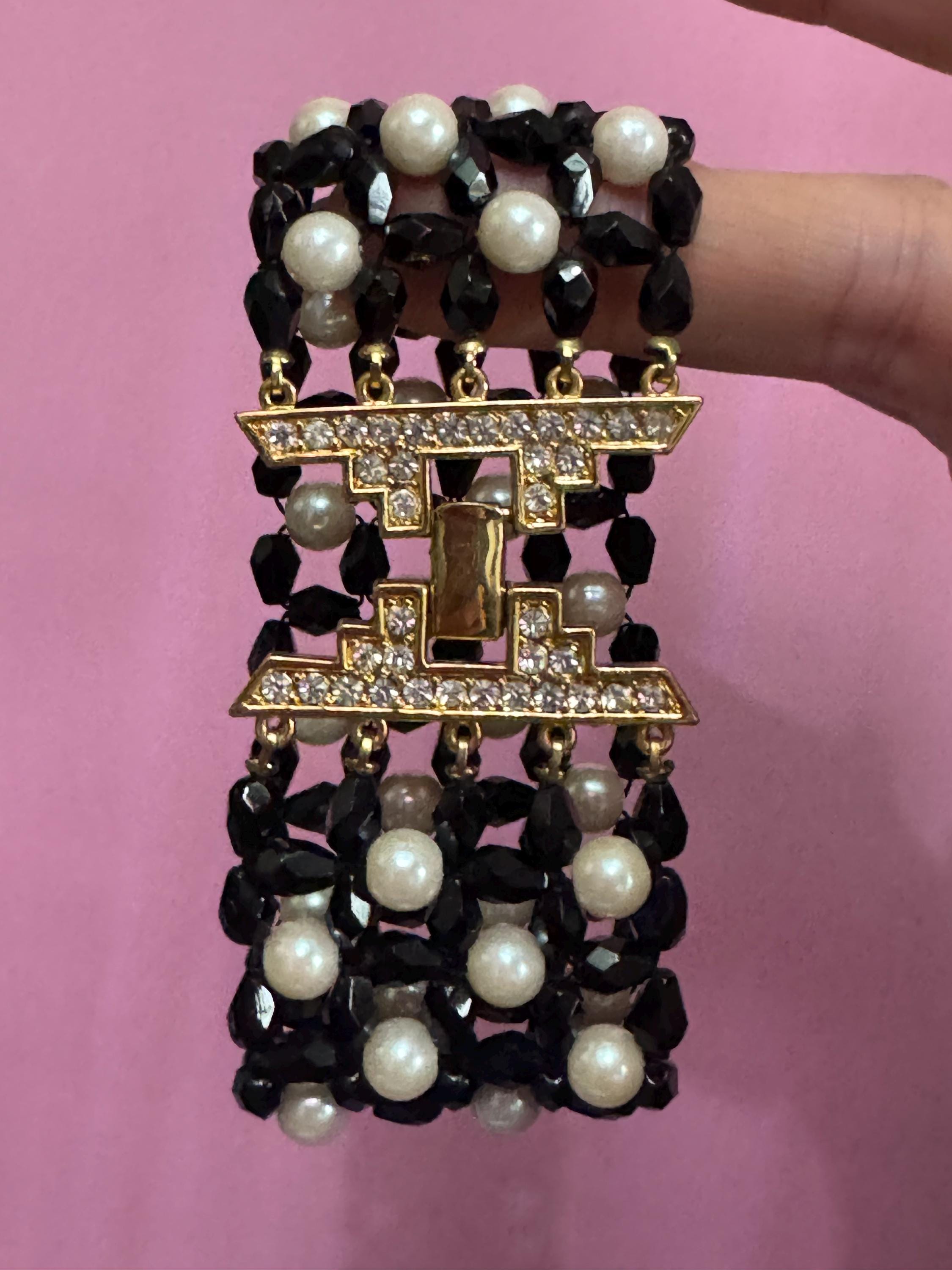 Retro chunky monochrome faux pearl and black glass faceted beaded diamanté wide bracelet