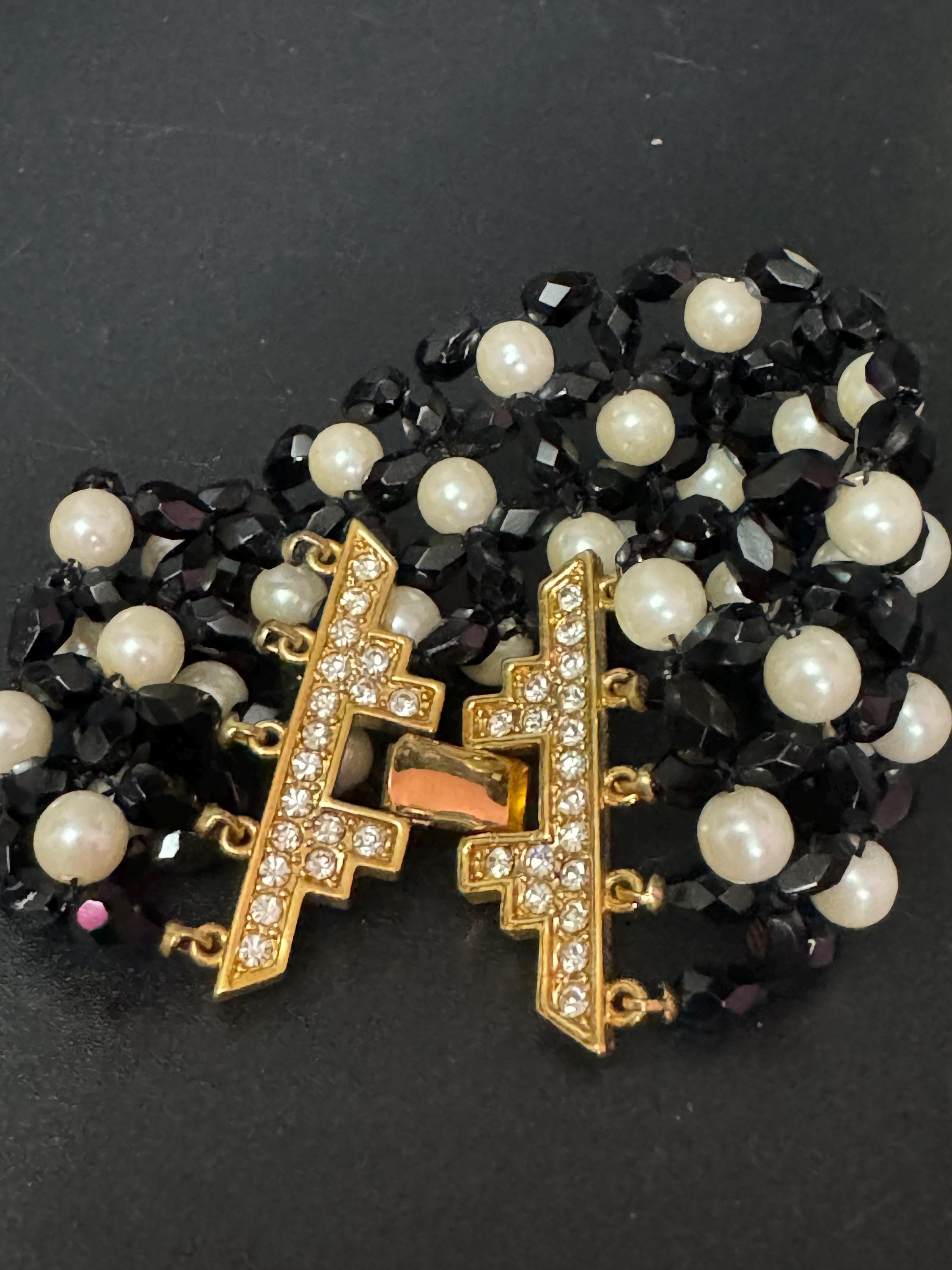 Retro chunky monochrome faux pearl and black glass faceted beaded diamanté wide bracelet