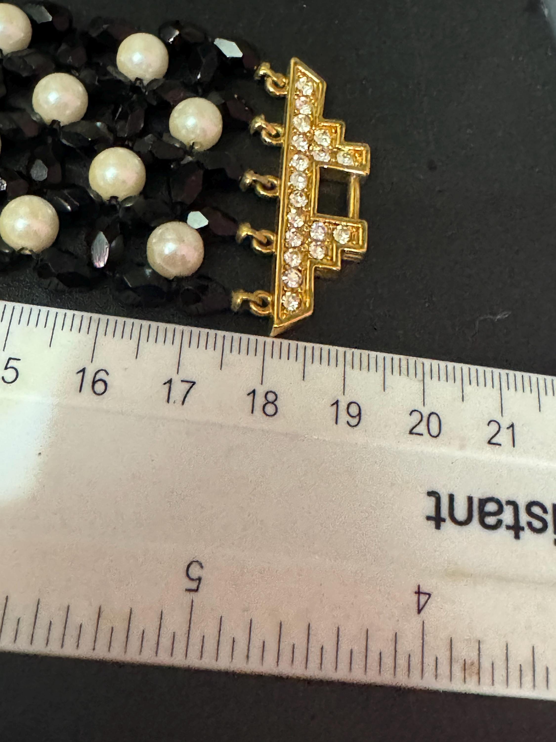 Retro chunky monochrome faux pearl and black glass faceted beaded diamanté wide bracelet