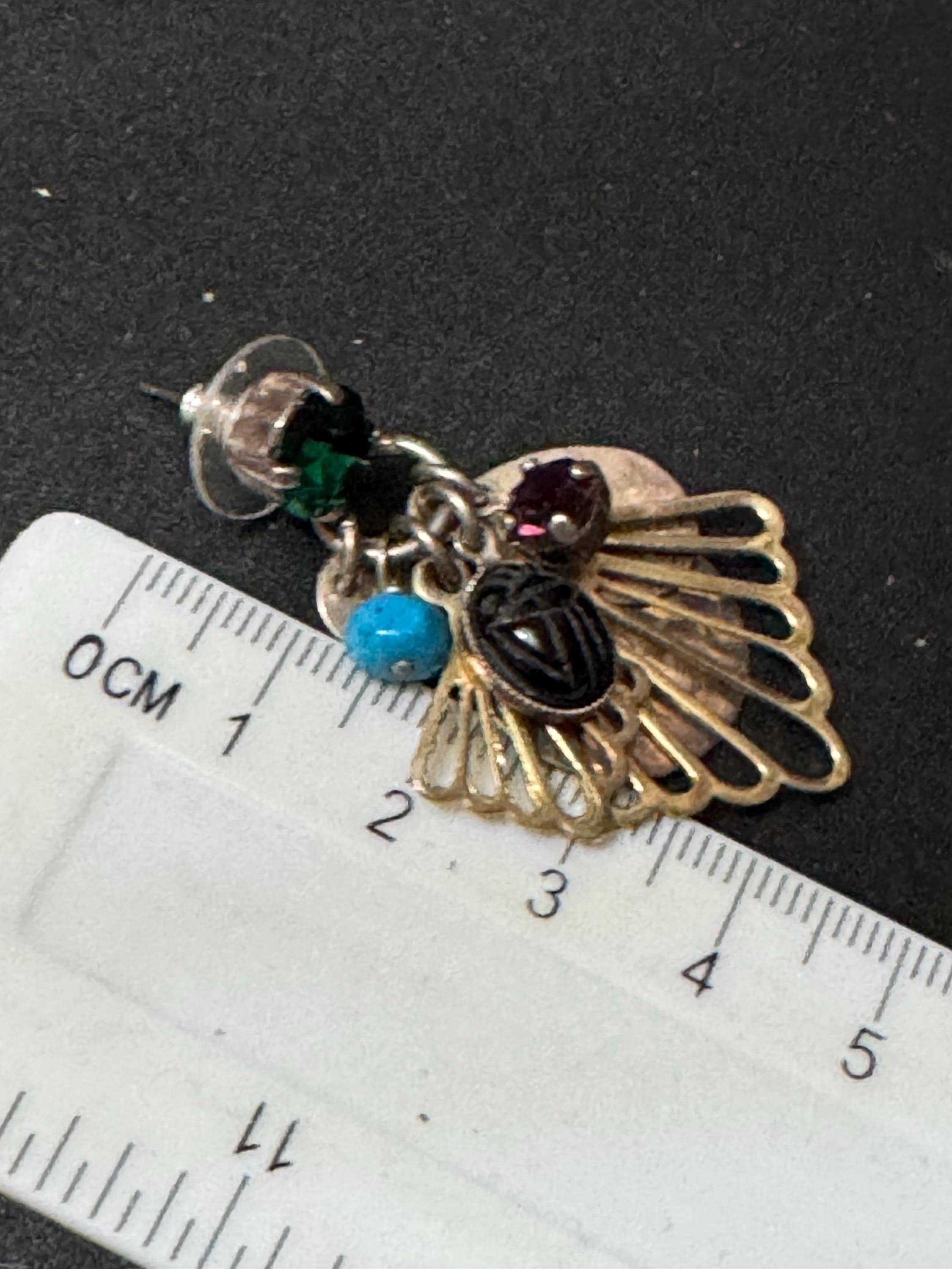 Signed Reminiscence vintage turquoise black Egyptian revival gold drop earrings for pierced ears