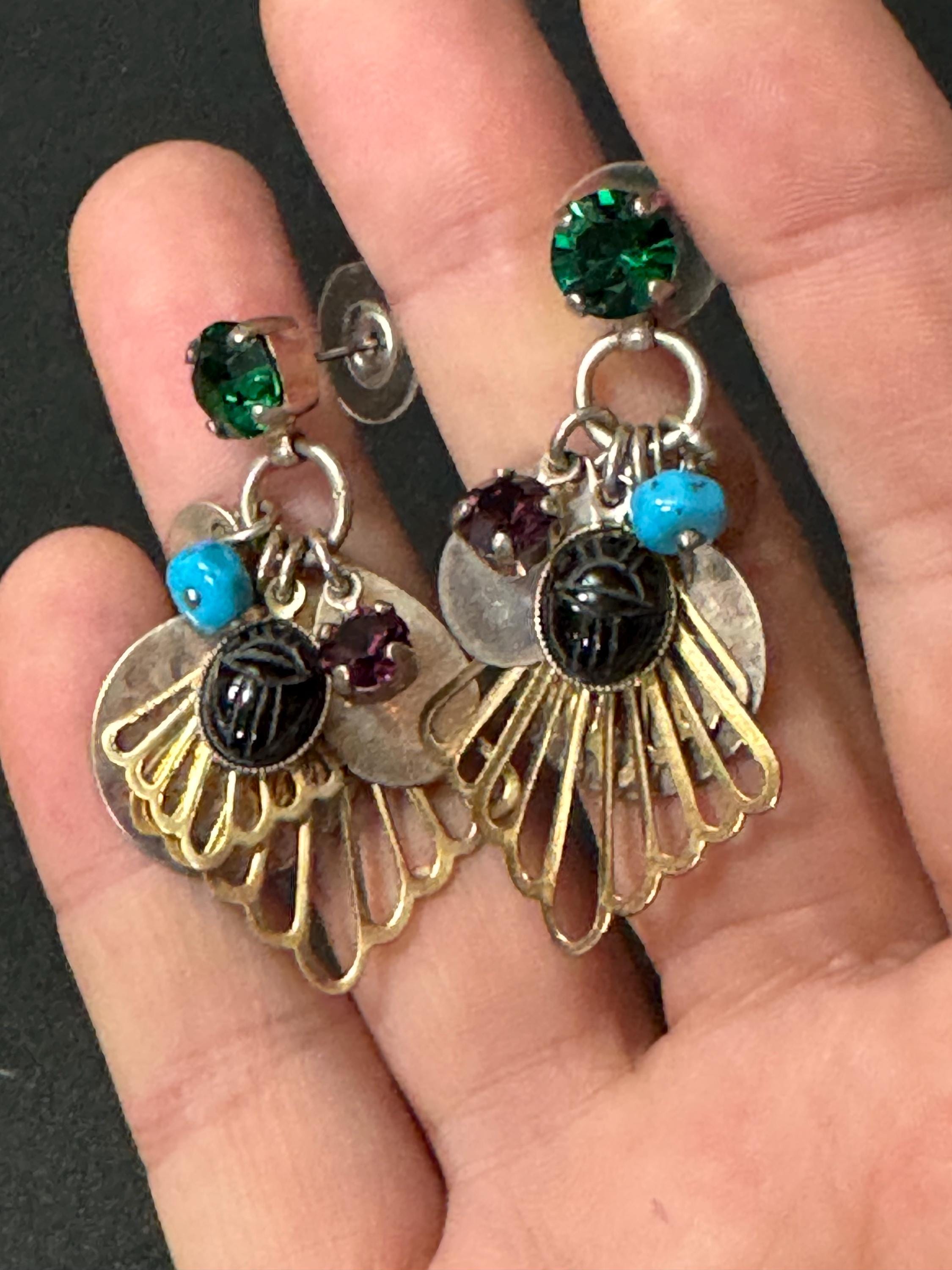 Signed Reminiscence vintage turquoise black Egyptian revival gold drop earrings for pierced ears