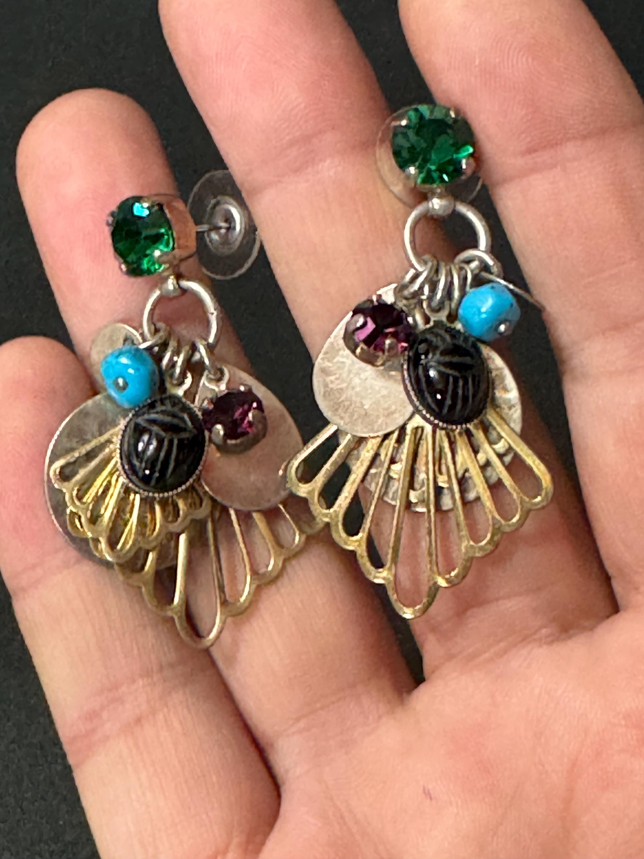 Signed Reminiscence vintage turquoise black Egyptian revival gold drop earrings for pierced ears
