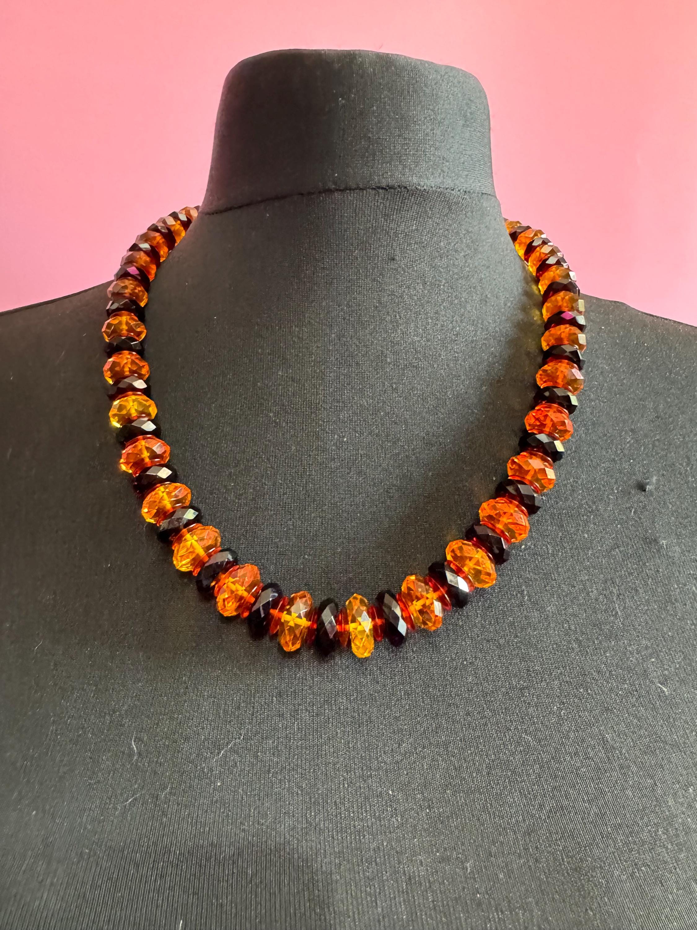 Vintage black and orange faceted acrylic plastic chunky long beaded necklace 60cm