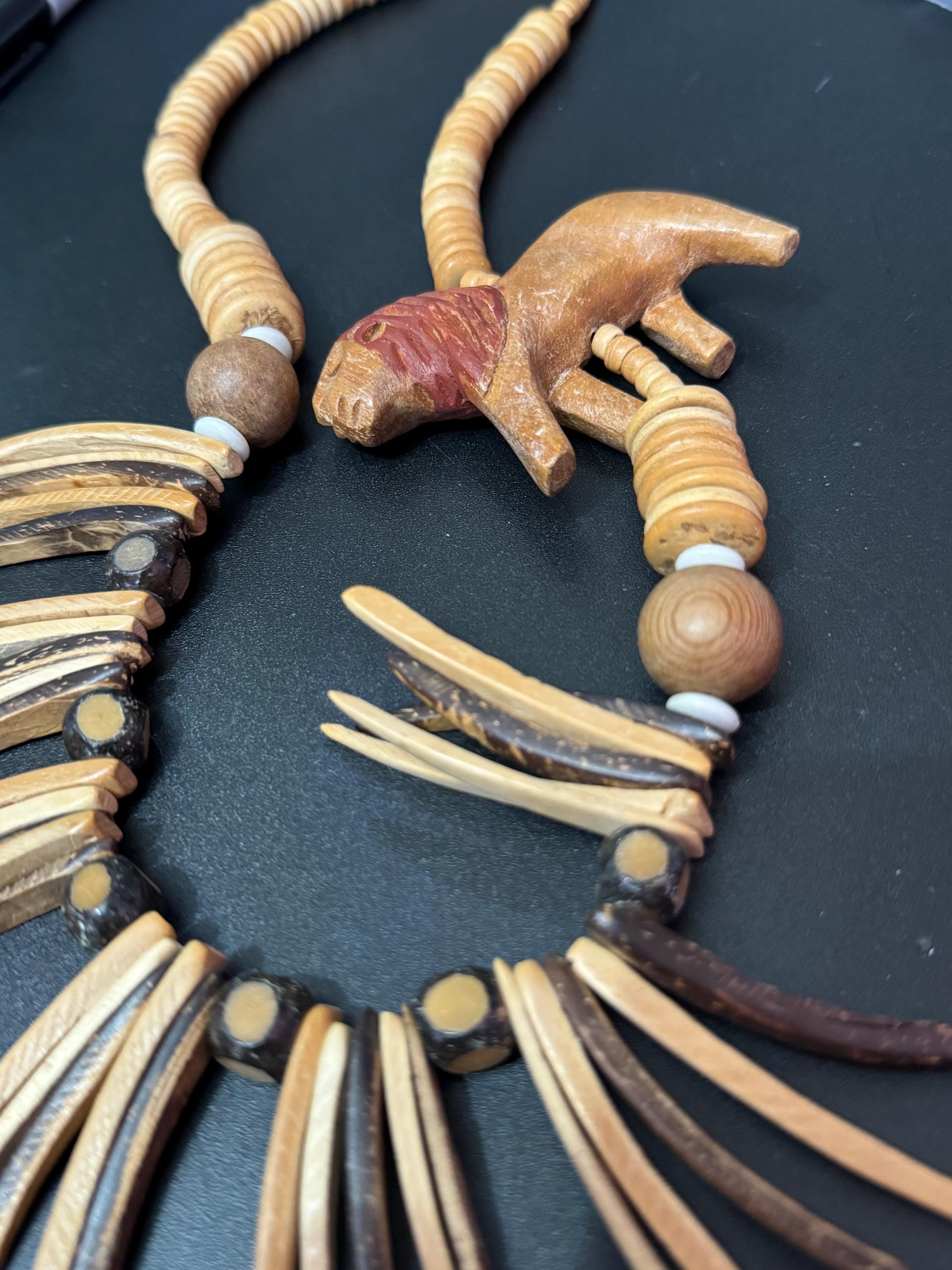 vintage dark brown wooden beaded carved lion long African necklace big cat jewellery