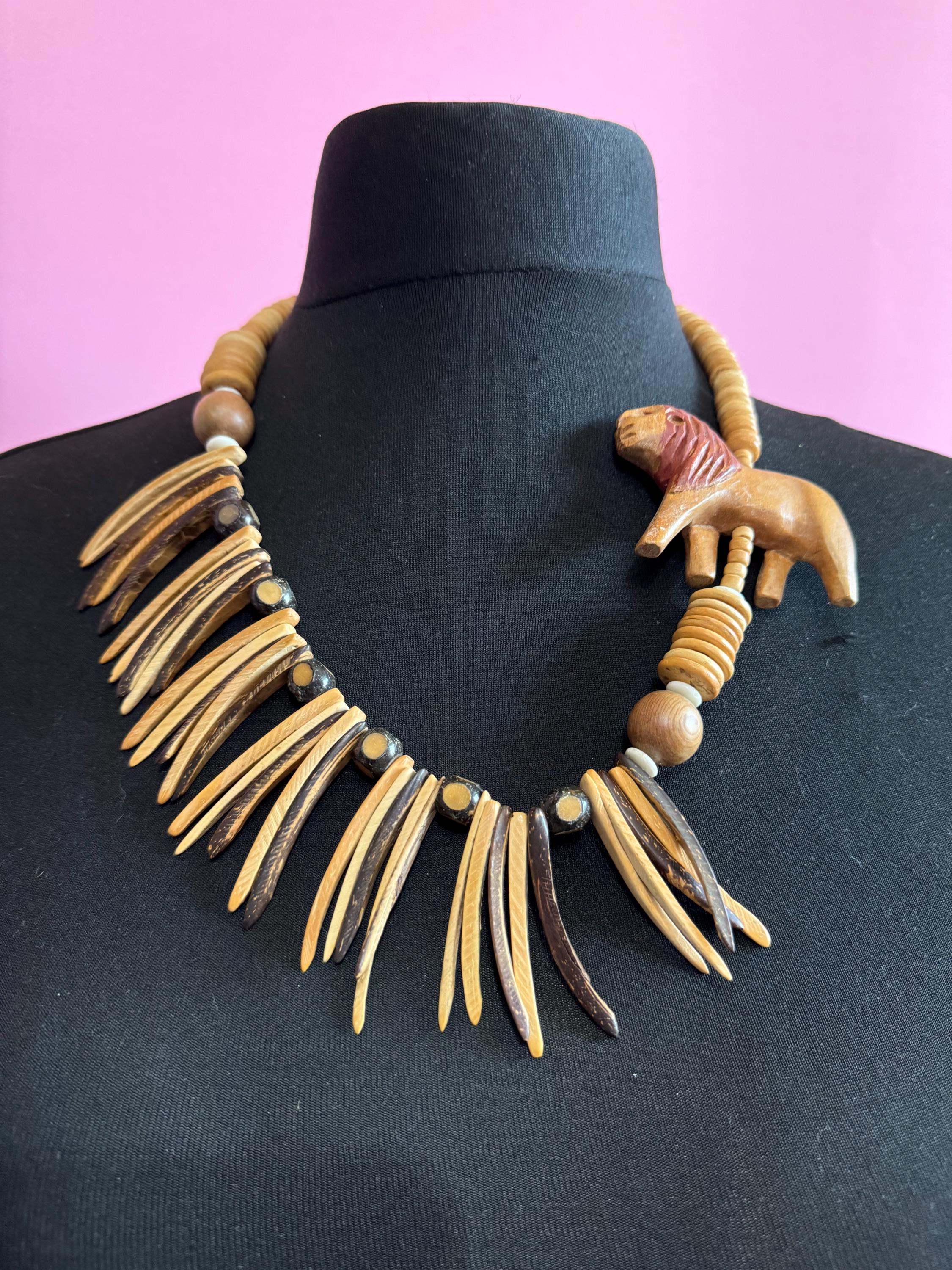 vintage dark brown wooden beaded carved lion long African necklace big cat jewellery