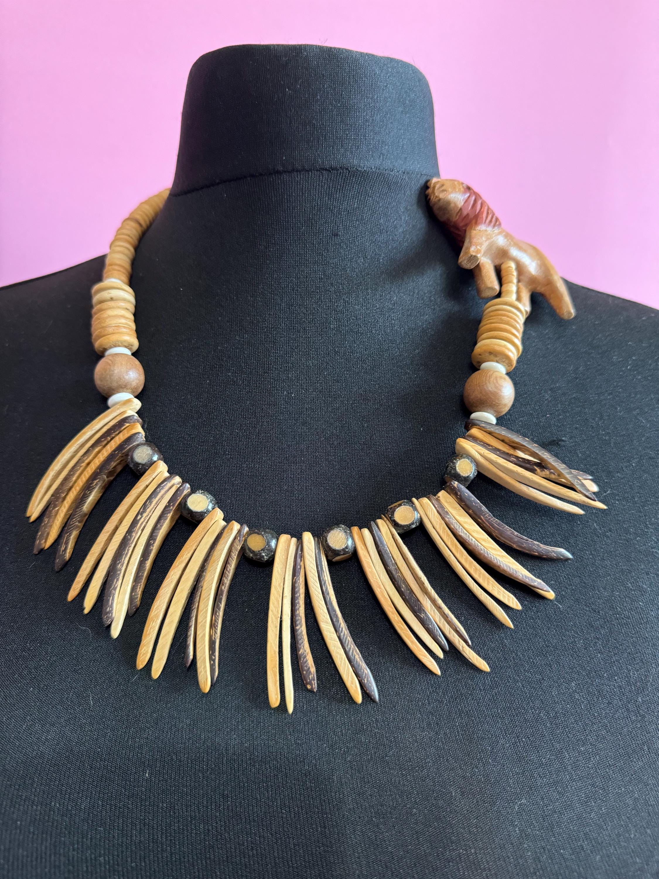 vintage dark brown wooden beaded carved lion long African necklace big cat jewellery