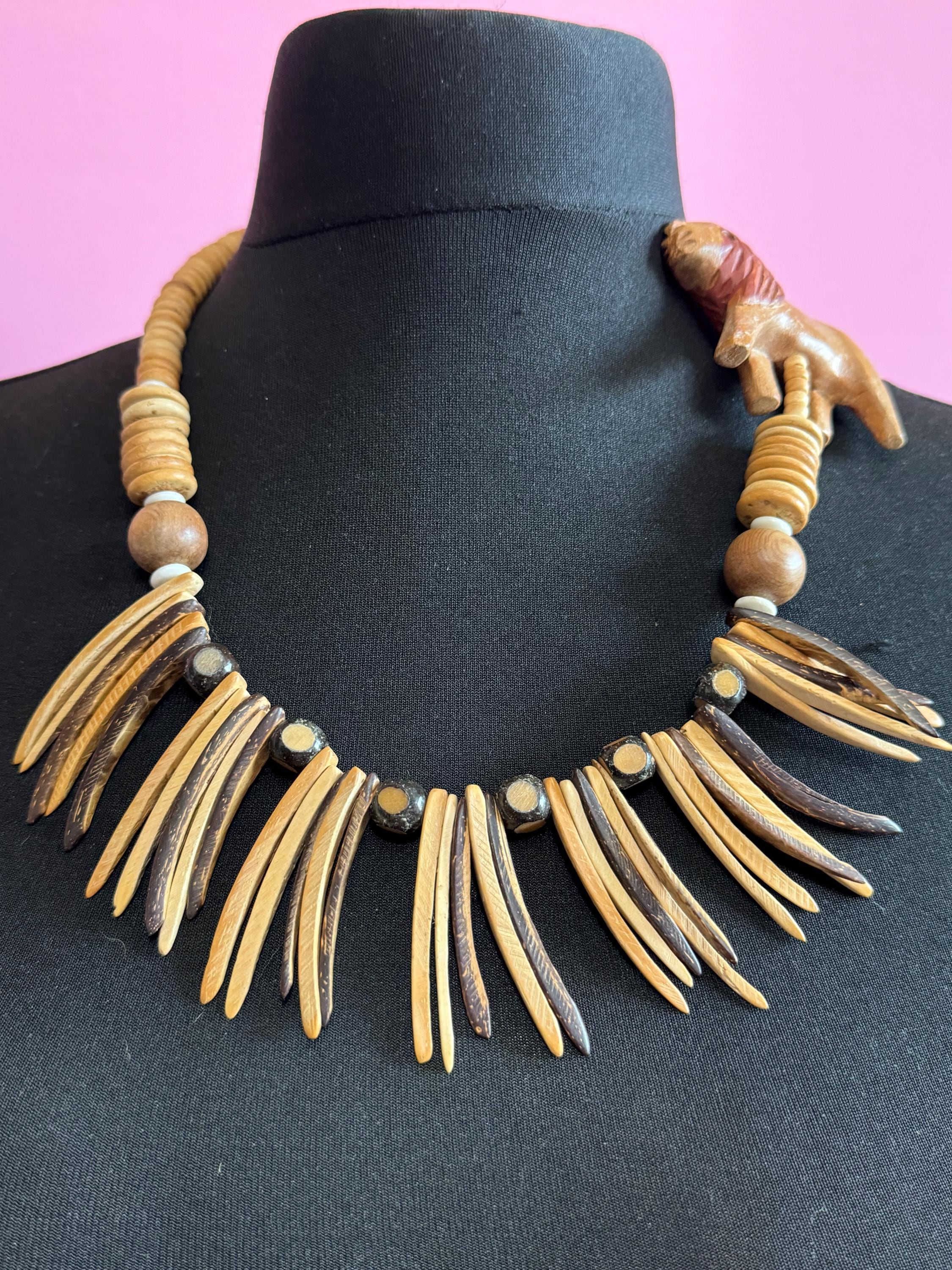 vintage dark brown wooden beaded carved lion long African necklace big cat jewellery