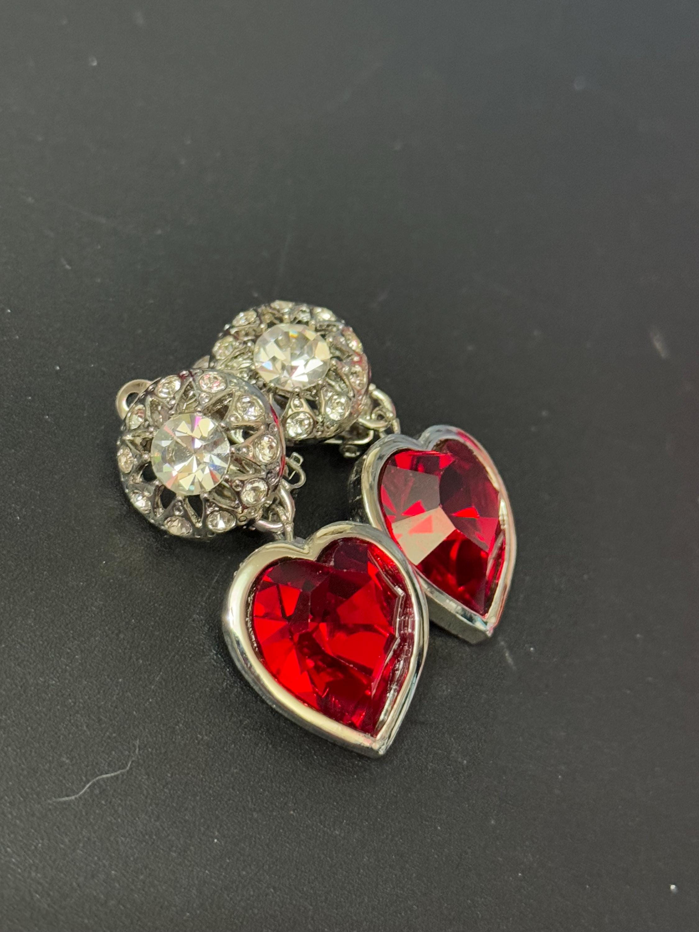 Vintage 1980s Swarovski Crystal Heart Drop Earrings: Ruby Red Silver Tone