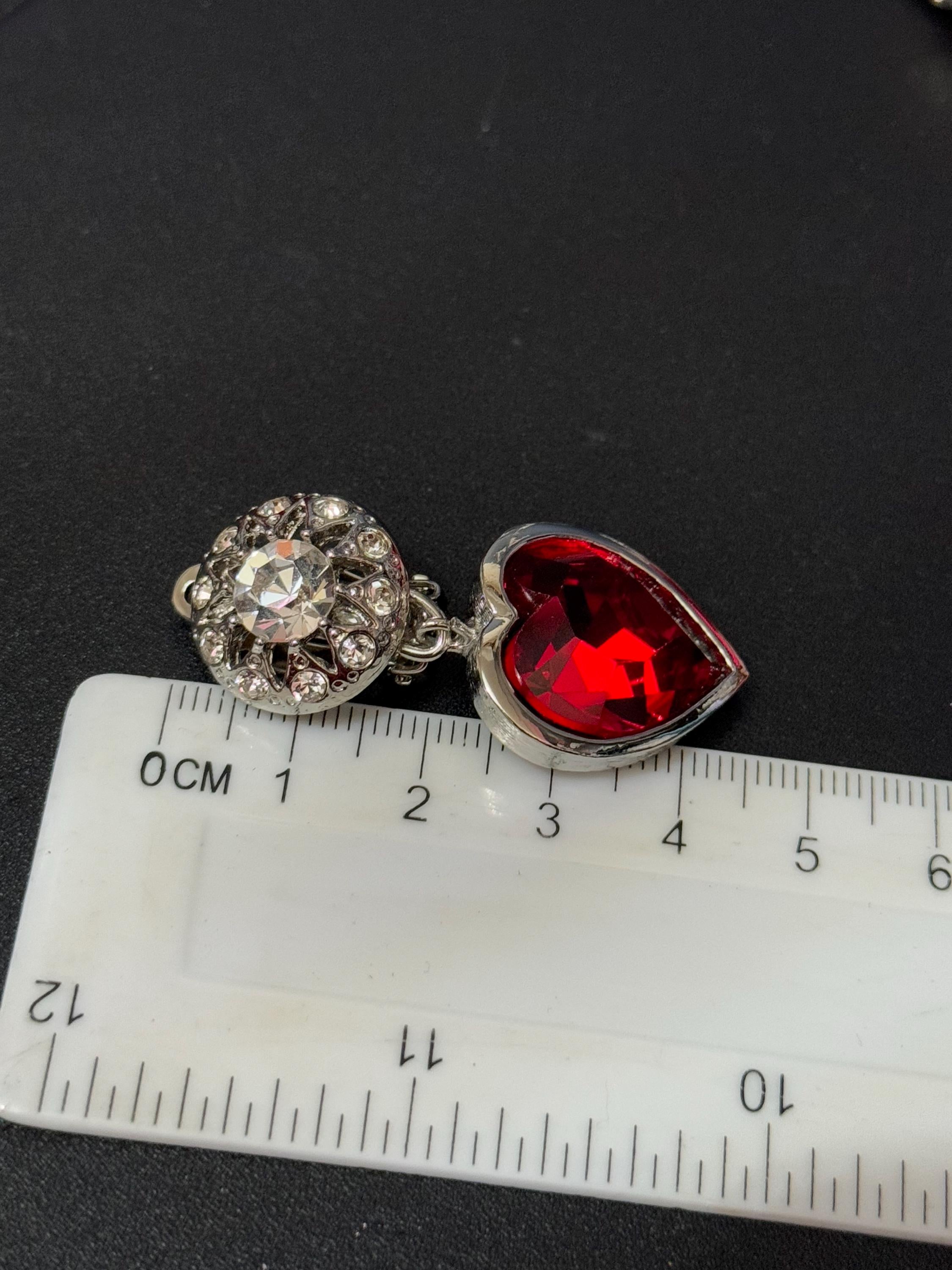 Vintage 1980s Swarovski Crystal Heart Drop Earrings: Ruby Red Silver Tone