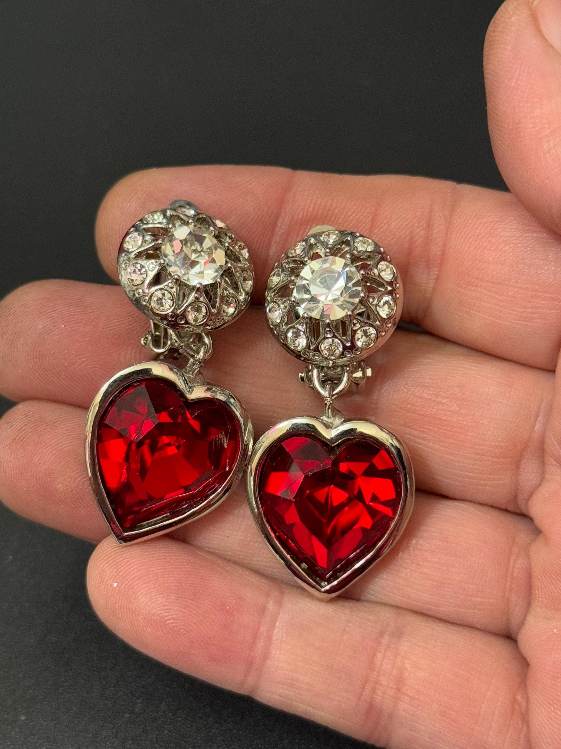 Vintage 1980s Swarovski Crystal Heart Drop Earrings: Ruby Red Silver Tone